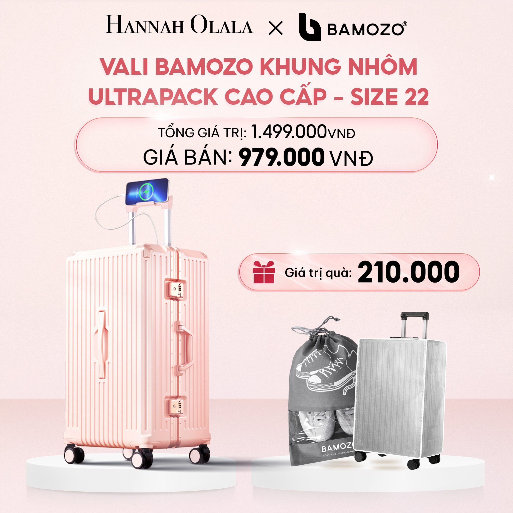 E52_DEAL 4: VALI BAMOZO KHUNG NHÔM ULTRAPACK CAO CẤP (TẶNG BỌC VALI CC TRONG SUỐT + TÚI ĐỰNG GIÀY)