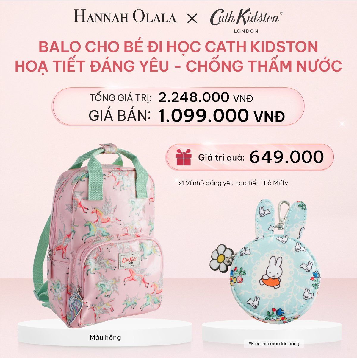 E346_DEAL 3: BALO CHO BÉ ĐI HỌC CATH KIDSTON HOẠ TIẾT ĐÁNG YÊU PHỦ PVC CHỐNG THẤM NƯỚC