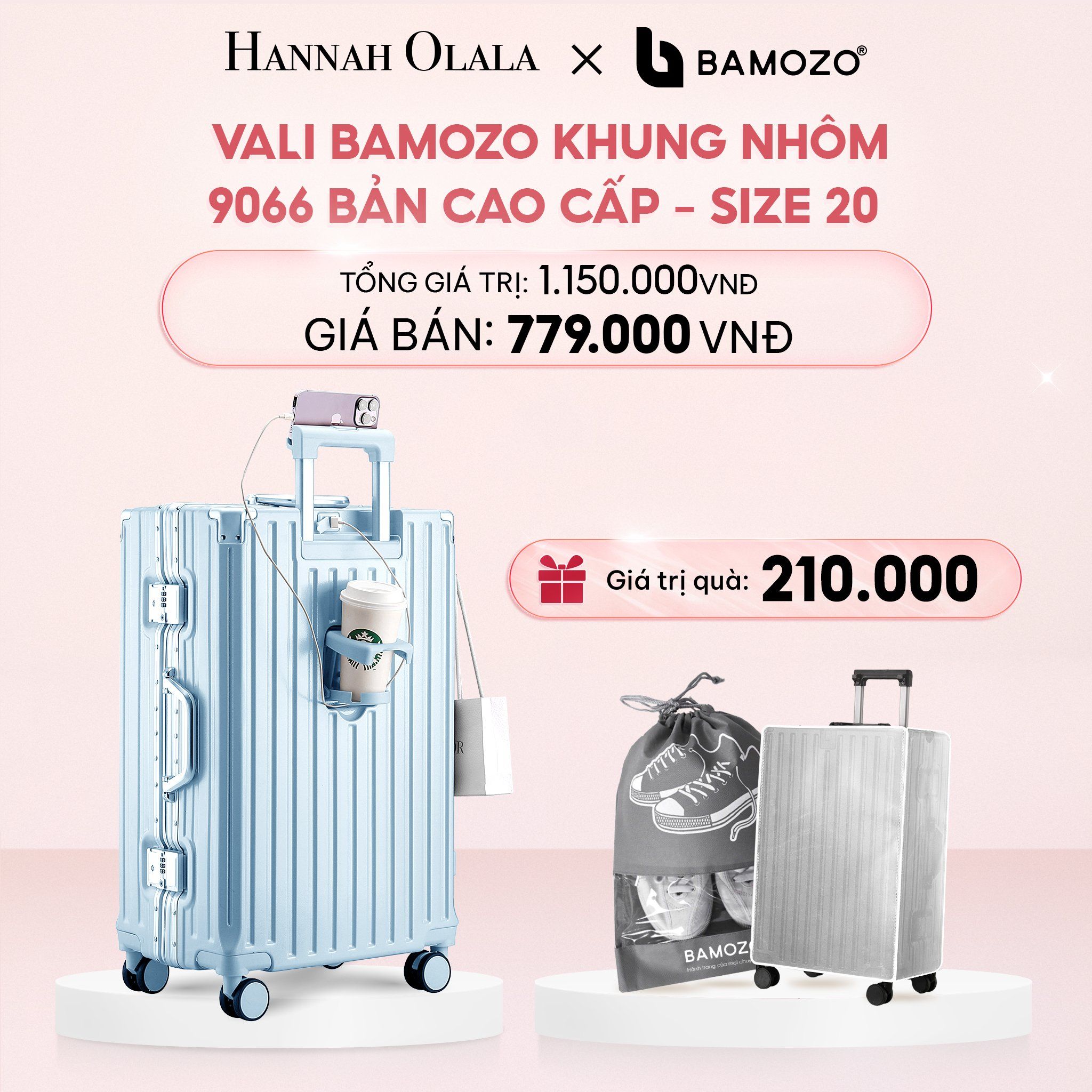 E4_DEAL 1: VALI BAMOZO KHUNG NHÔM 9066 BẢN CAO CẤP (TẶNG BỌC VALI CC TRONG SUỐT + TÚI ĐỰNG GIÀY)