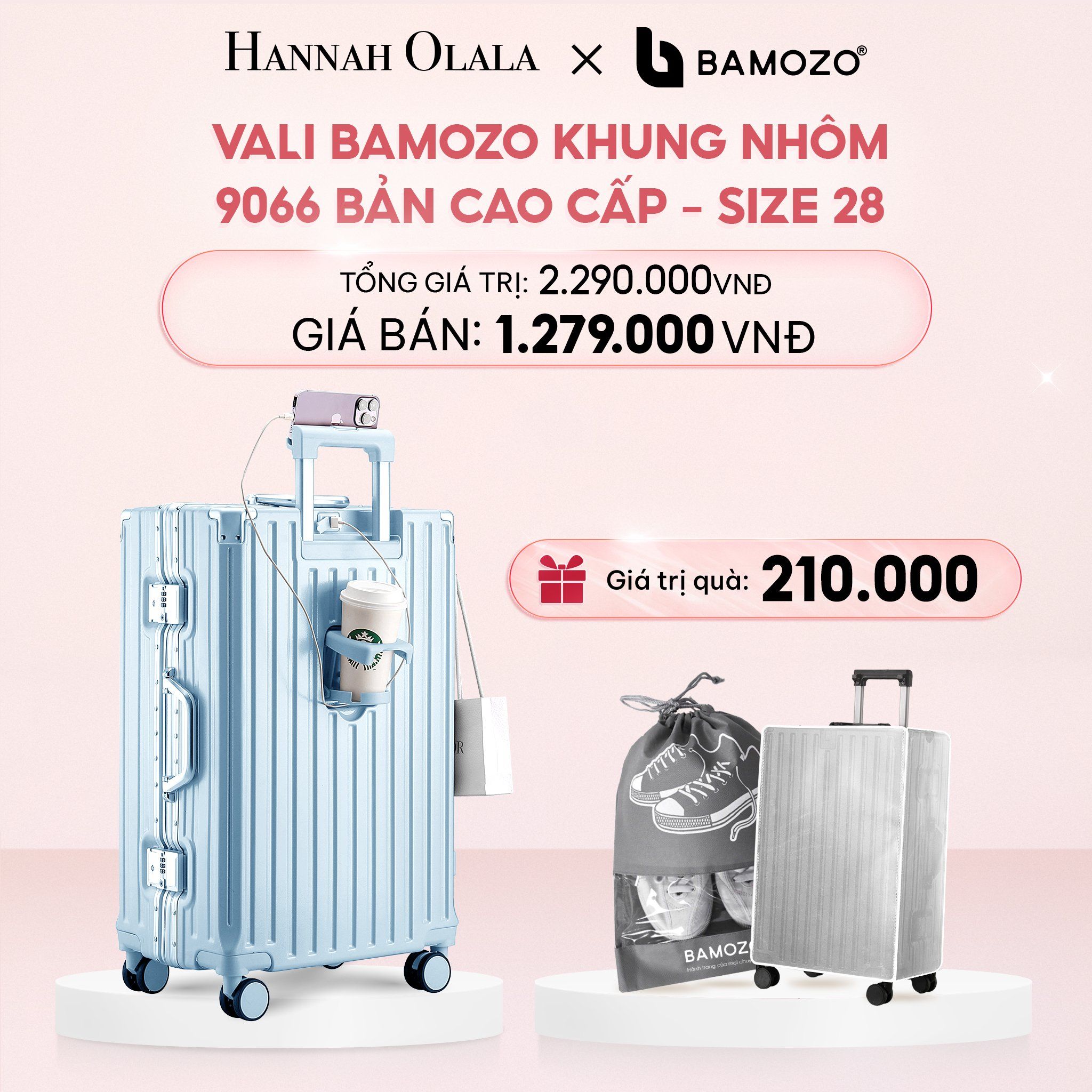 E4_DEAL 1: VALI BAMOZO KHUNG NHÔM 9066 BẢN CAO CẤP (TẶNG BỌC VALI CC TRONG SUỐT + TÚI ĐỰNG GIÀY)