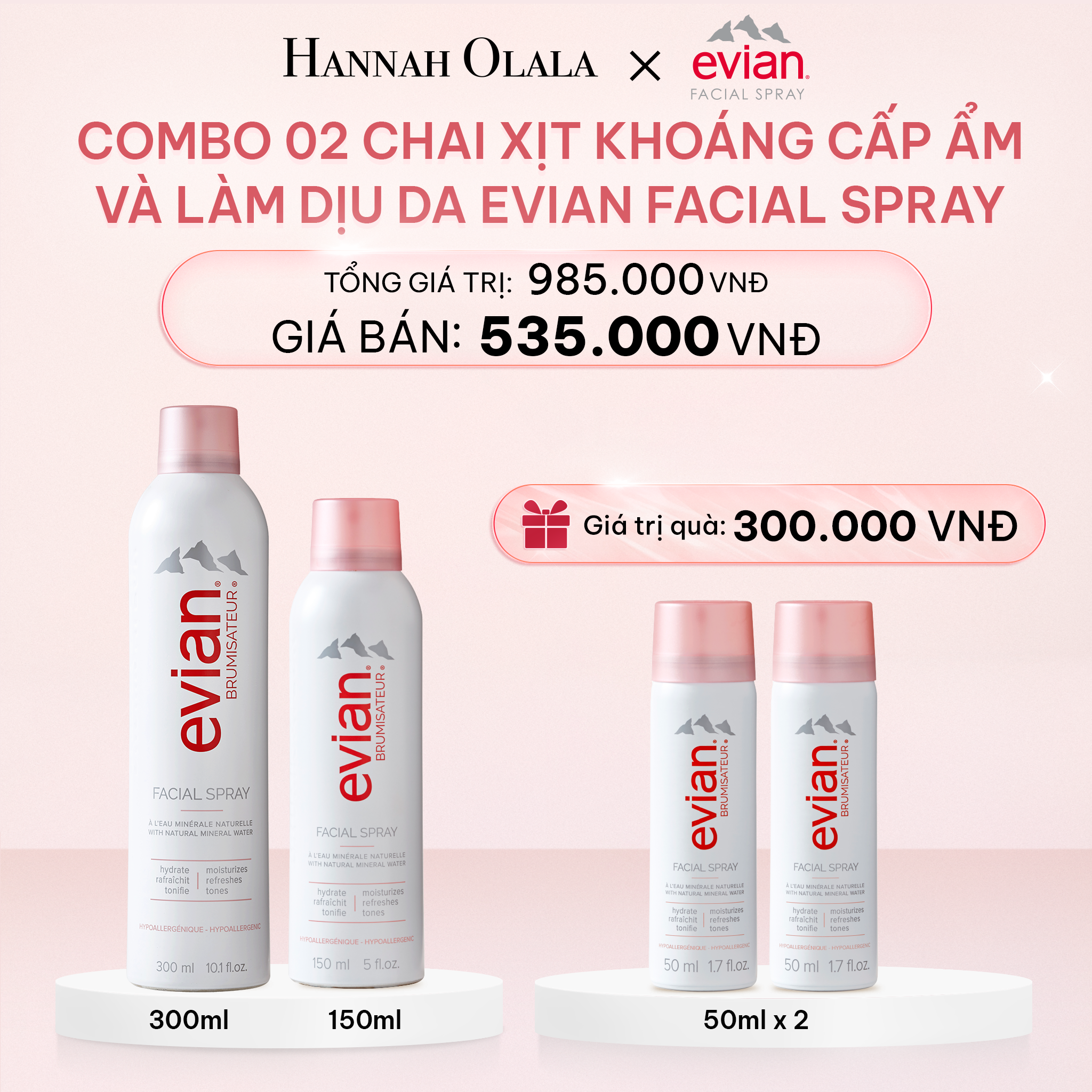 E917_DEAL 3: COMBO 2 CHAI XỊT KHOÁNG CẤP ẨM, LÀM DỊU DA EVIAN FACIAL SPRAY 150ML & 300ML