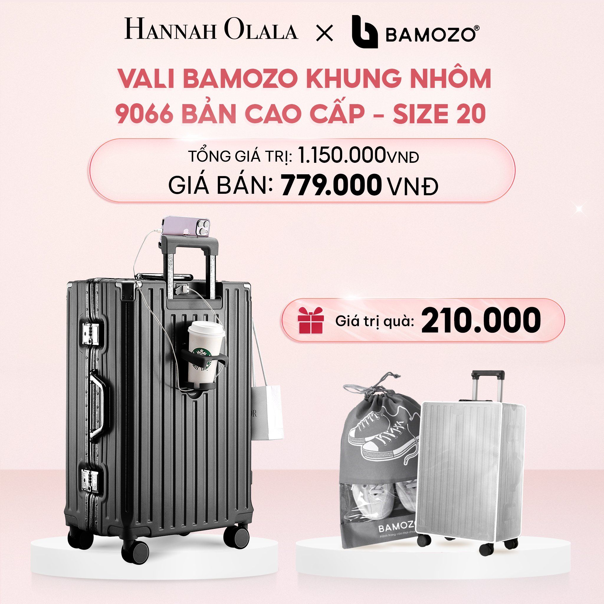 E4_DEAL 1: VALI BAMOZO KHUNG NHÔM 9066 BẢN CAO CẤP (TẶNG BỌC VALI CC TRONG SUỐT + TÚI ĐỰNG GIÀY)
