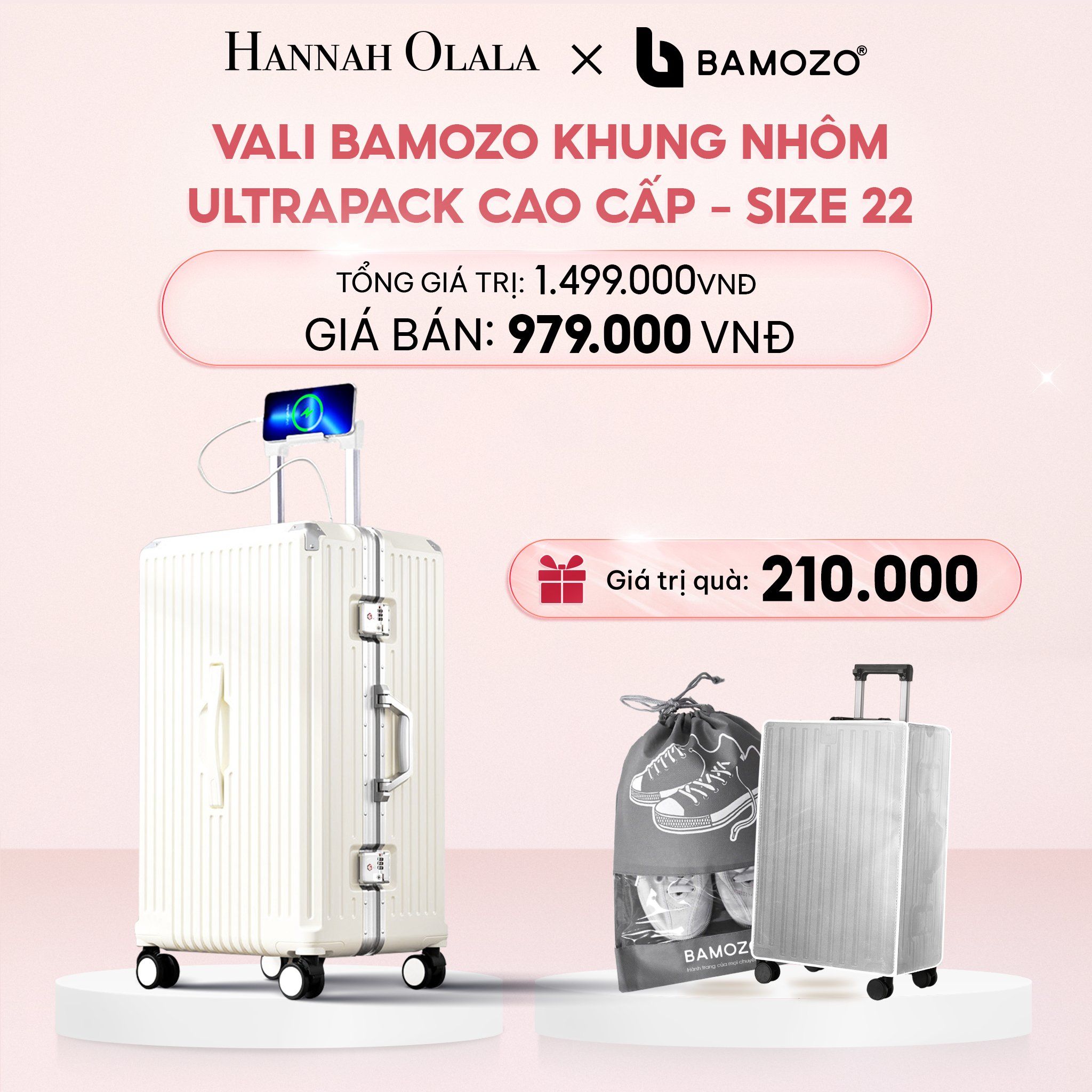 E52_DEAL 4: VALI BAMOZO KHUNG NHÔM ULTRAPACK CAO CẤP (TẶNG BỌC VALI CC TRONG SUỐT + TÚI ĐỰNG GIÀY)