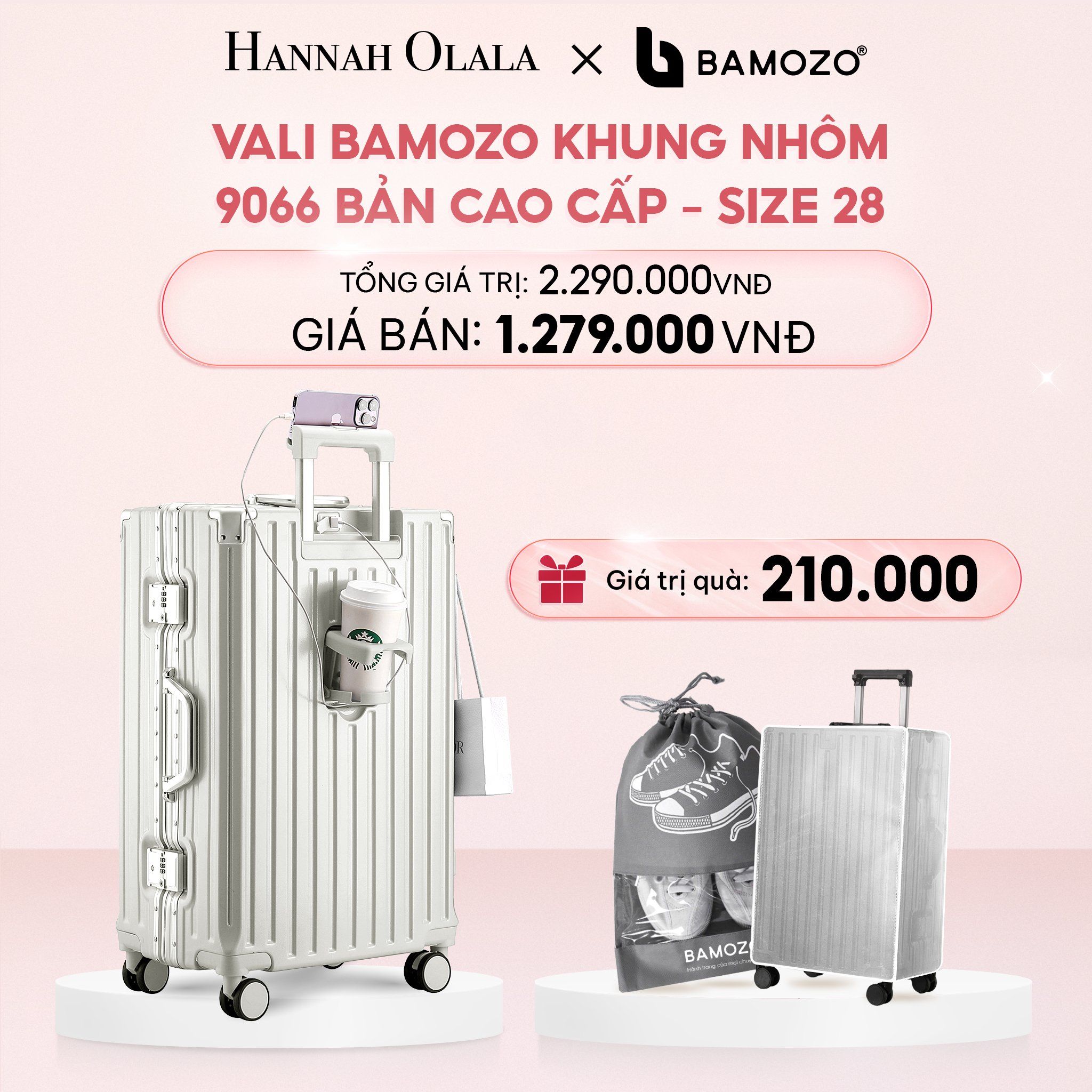 E4_DEAL 1: VALI BAMOZO KHUNG NHÔM 9066 BẢN CAO CẤP (TẶNG BỌC VALI CC TRONG SUỐT + TÚI ĐỰNG GIÀY)