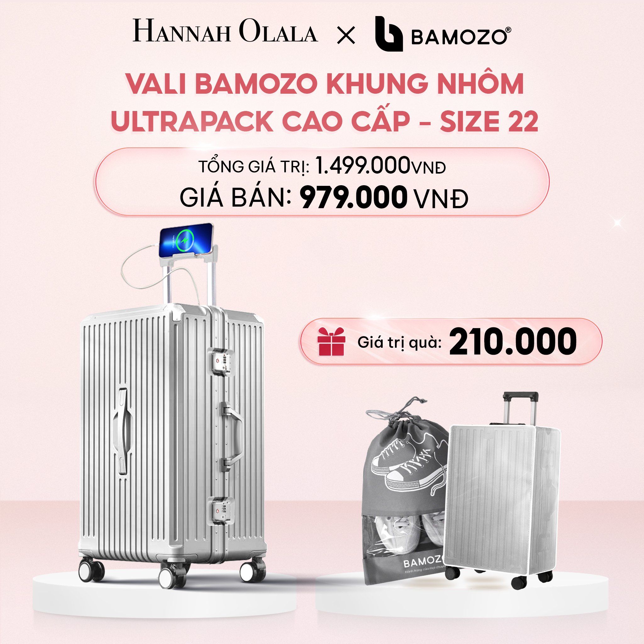 E52_DEAL 4: VALI BAMOZO KHUNG NHÔM ULTRAPACK CAO CẤP (TẶNG BỌC VALI CC TRONG SUỐT + TÚI ĐỰNG GIÀY)