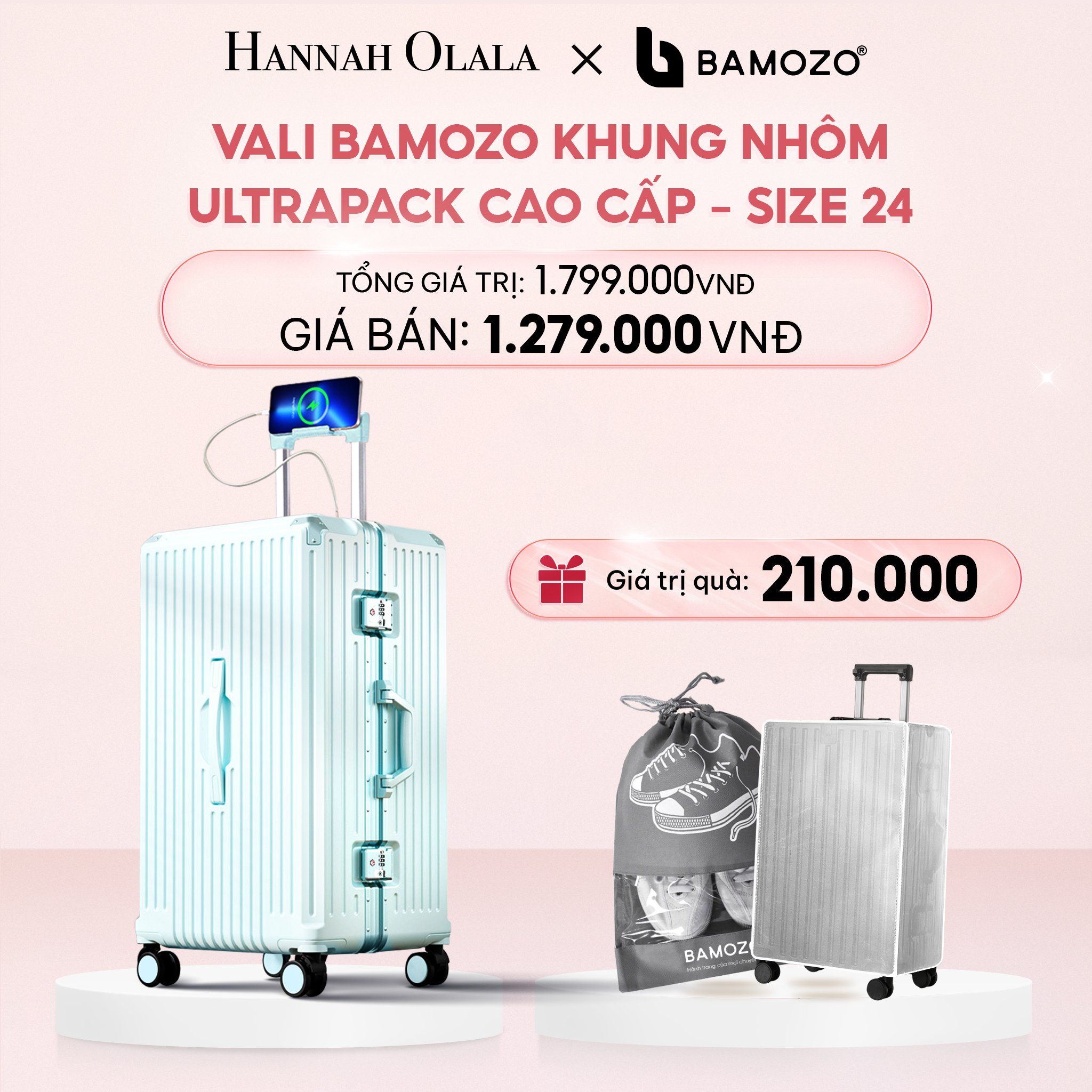 E52_DEAL 4: VALI BAMOZO KHUNG NHÔM ULTRAPACK CAO CẤP (TẶNG BỌC VALI CC TRONG SUỐT + TÚI ĐỰNG GIÀY)