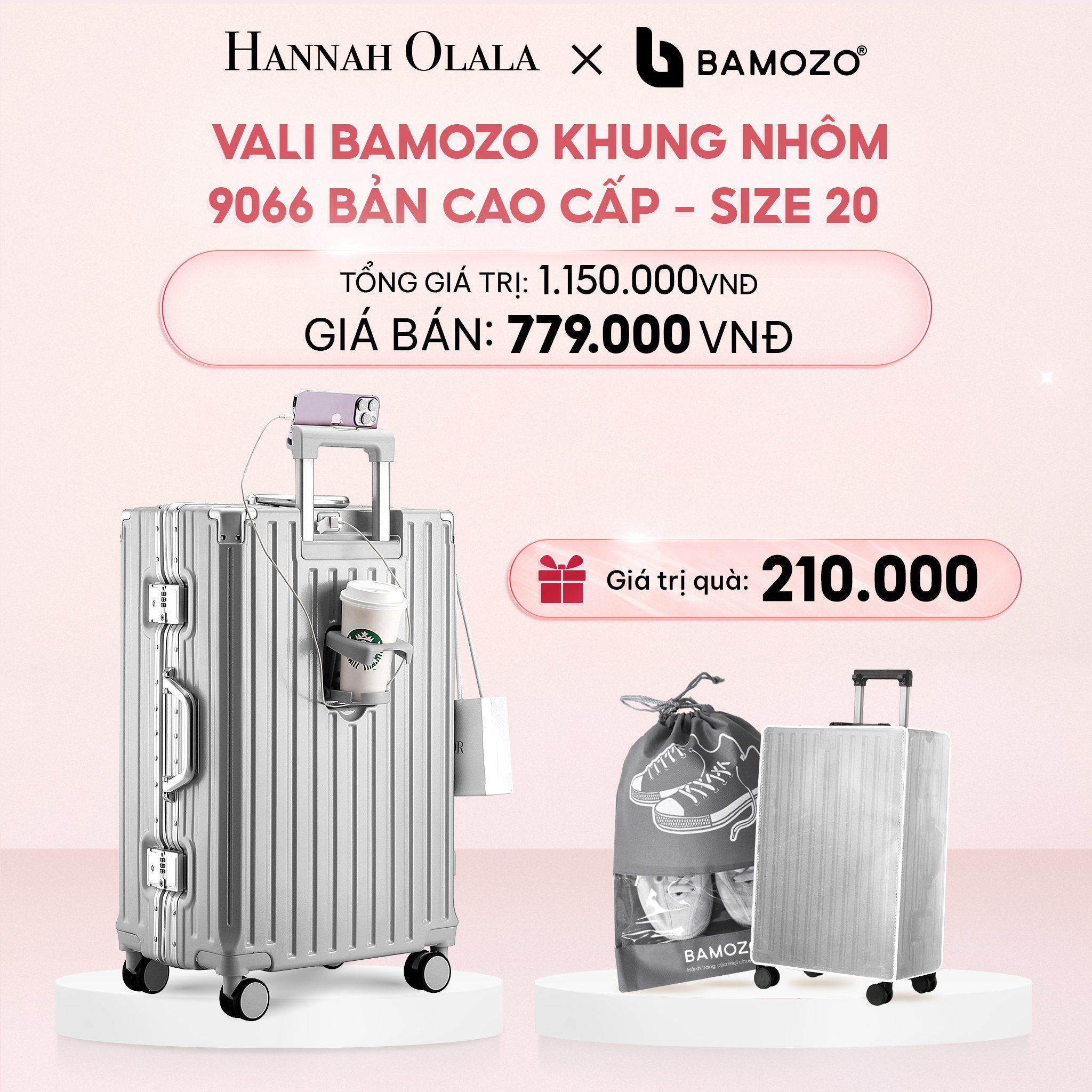 E4_DEAL 1: VALI BAMOZO KHUNG NHÔM 9066 BẢN CAO CẤP (TẶNG BỌC VALI CC TRONG SUỐT + TÚI ĐỰNG GIÀY)