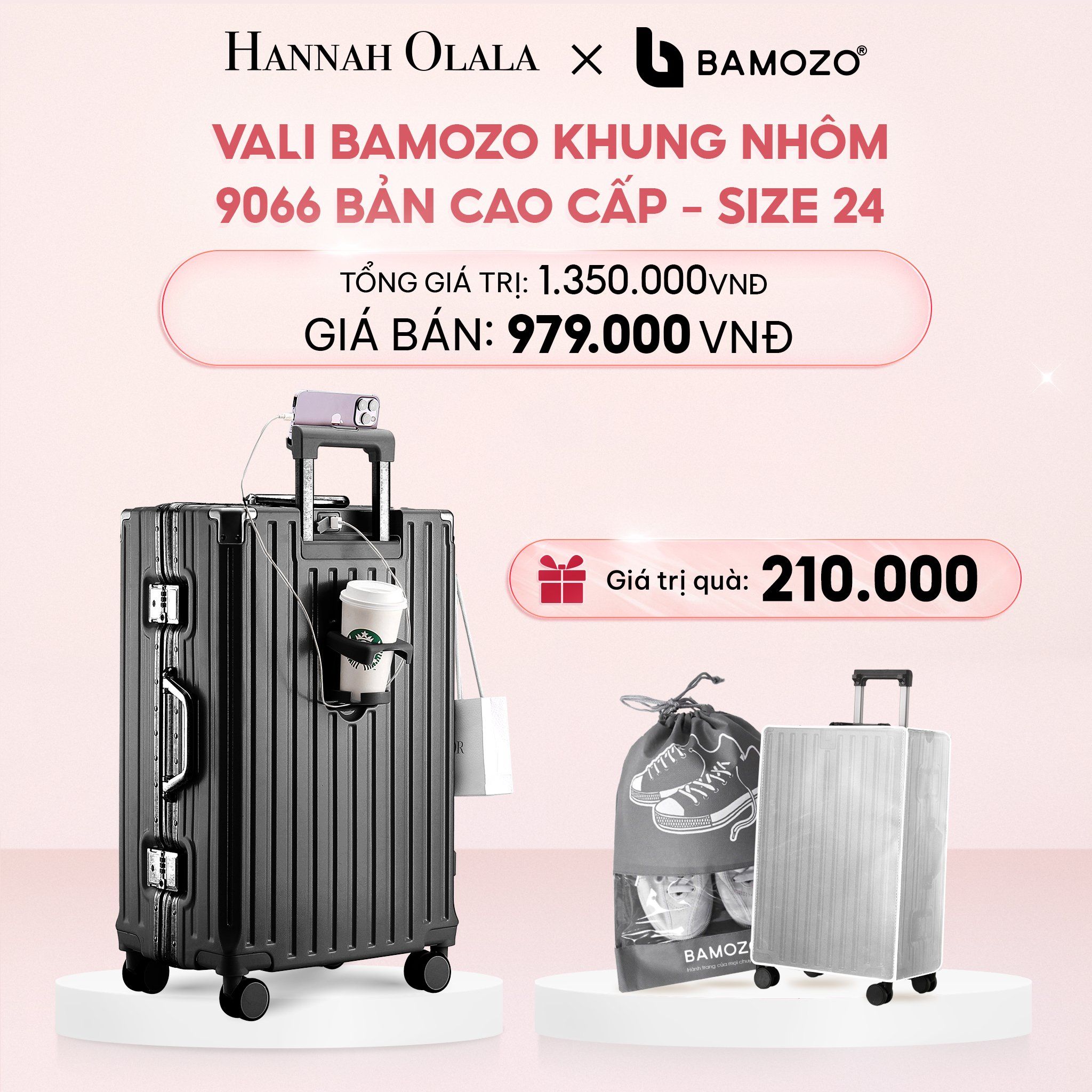 E4_DEAL 1: VALI BAMOZO KHUNG NHÔM 9066 BẢN CAO CẤP (TẶNG BỌC VALI CC TRONG SUỐT + TÚI ĐỰNG GIÀY)