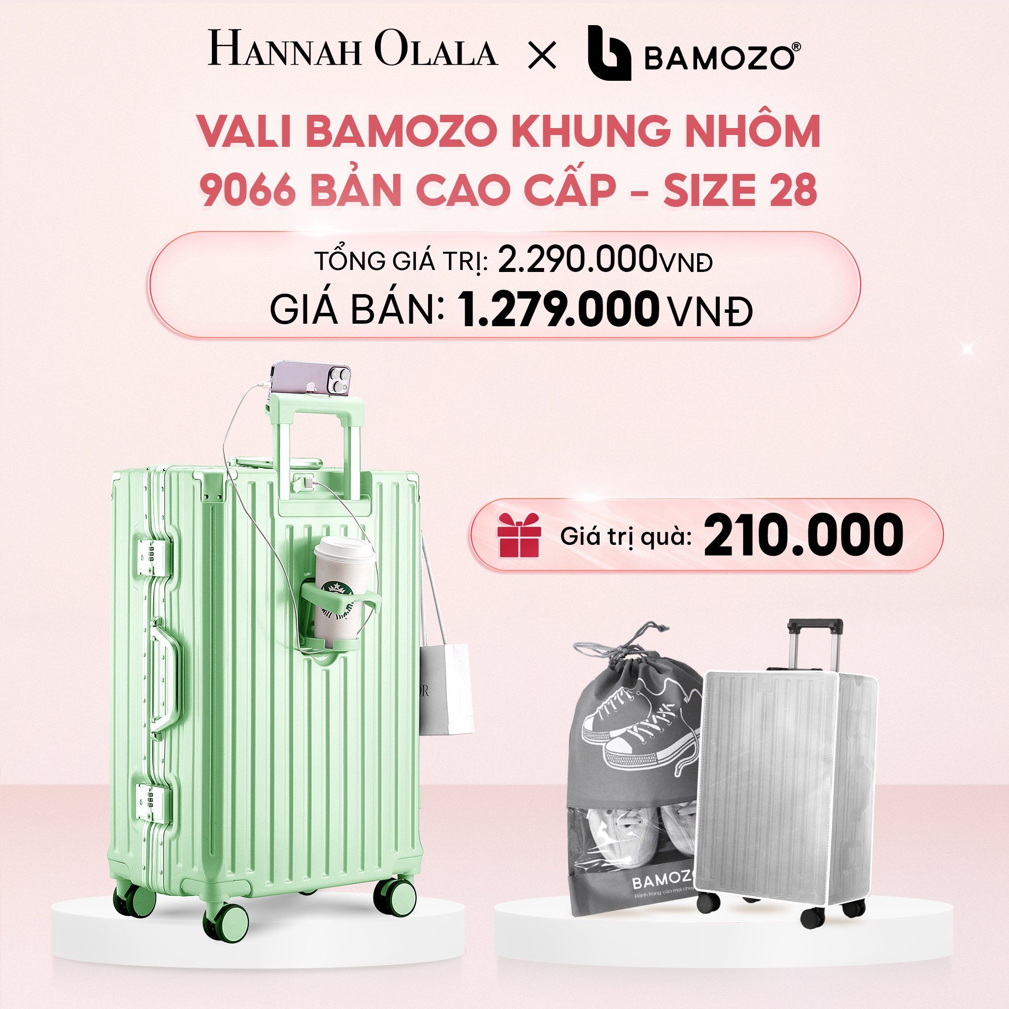 E4_DEAL 1: VALI BAMOZO KHUNG NHÔM 9066 BẢN CAO CẤP (TẶNG BỌC VALI CC TRONG SUỐT + TÚI ĐỰNG GIÀY)