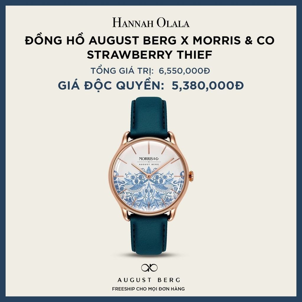 A6_DEAL 166: ĐỒNG HỒ ĐAN MẠCH AUGUST BERG X MORRIS & CO - STRAWBERRY THIEF - MÀU XANH