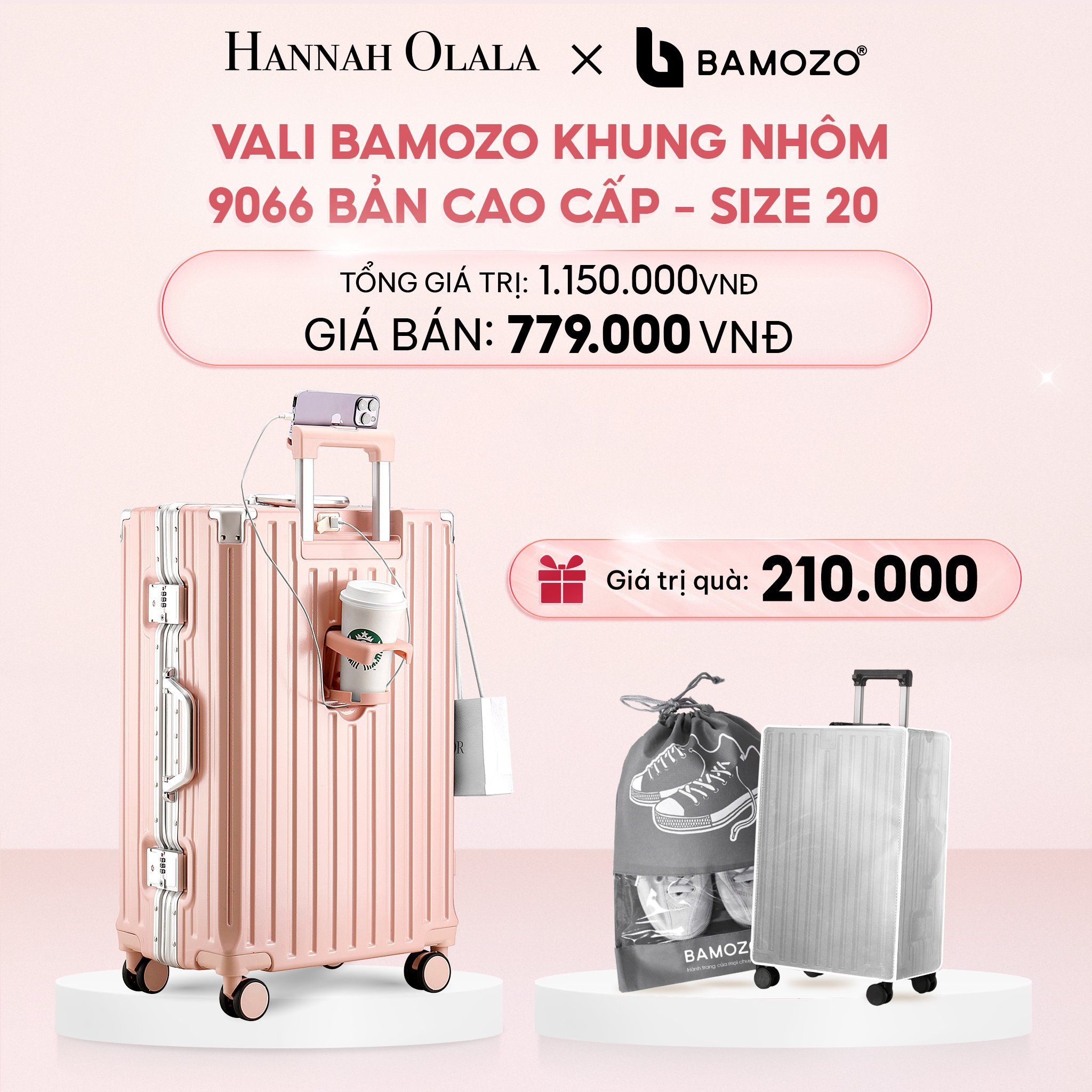 E4_DEAL 1: VALI BAMOZO KHUNG NHÔM 9066 BẢN CAO CẤP (TẶNG BỌC VALI CC TRONG SUỐT + TÚI ĐỰNG GIÀY)