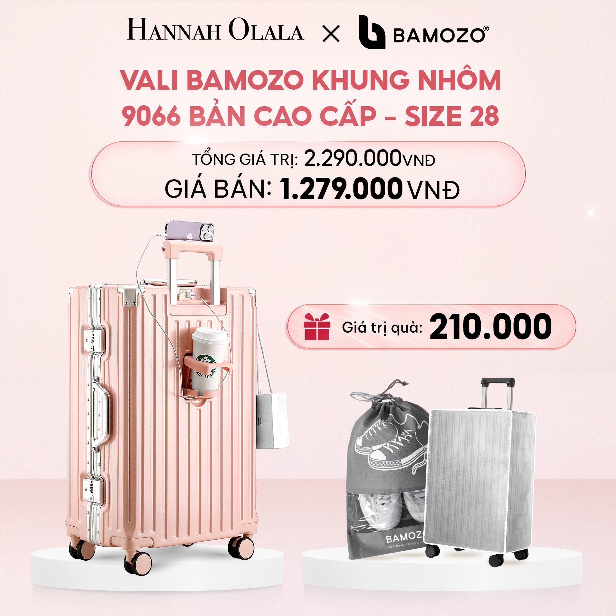 E4_DEAL 1: VALI BAMOZO KHUNG NHÔM 9066 BẢN CAO CẤP (TẶNG BỌC VALI CC TRONG SUỐT + TÚI ĐỰNG GIÀY)