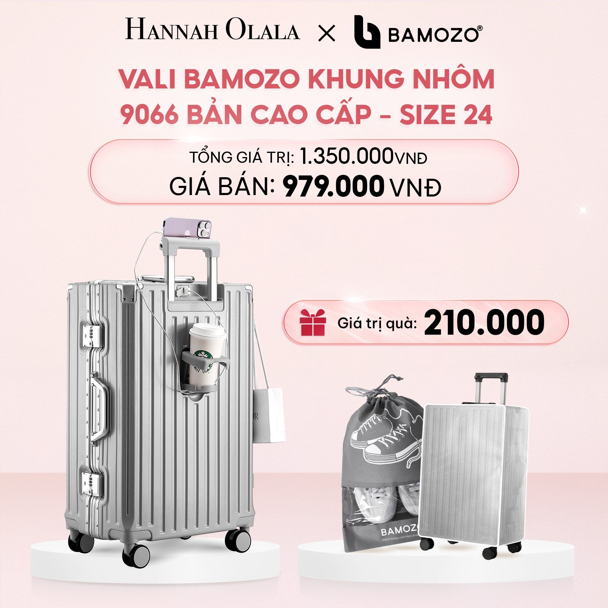 E4_DEAL 1: VALI BAMOZO KHUNG NHÔM 9066 BẢN CAO CẤP (TẶNG BỌC VALI CC TRONG SUỐT + TÚI ĐỰNG GIÀY)