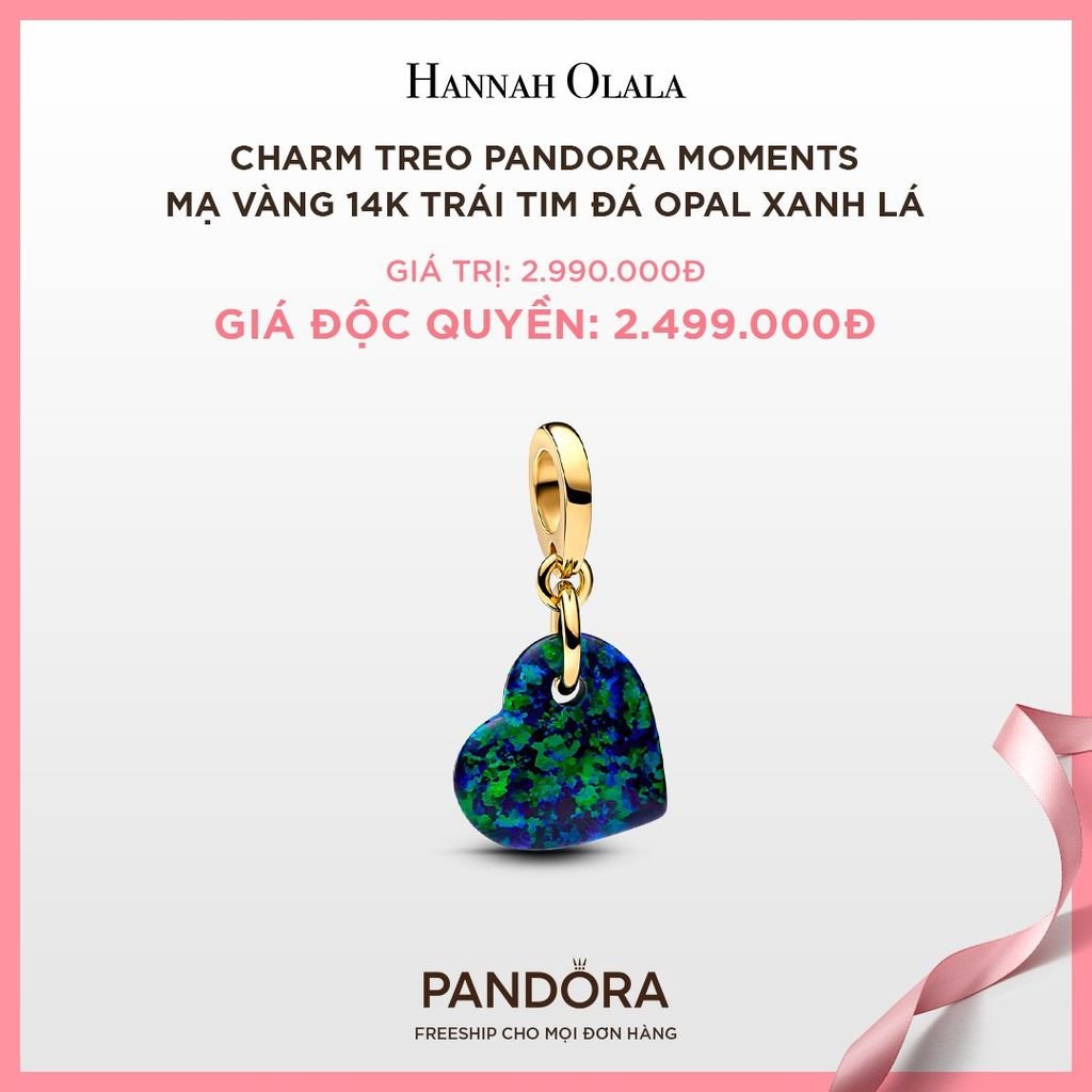 A76_DEAL 69: CHARM TREO PANDORA MOMENTS MẠ VÀNG 14K TRÁI TIM ĐÁ OPAL XANH LÁ