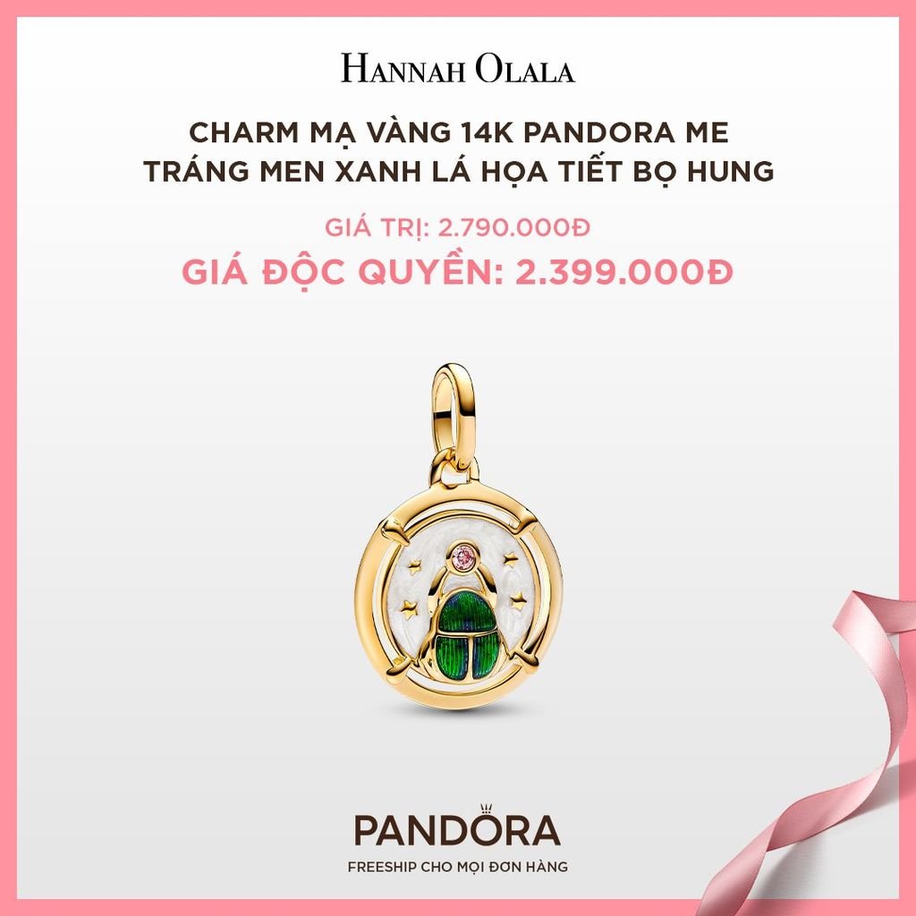 A82_DEAL 75: CHARM MẠ VÀNG 14K PANDORA ME TRÁNG MEN XANH LÁ HỌA TIẾT BỌ HUNG