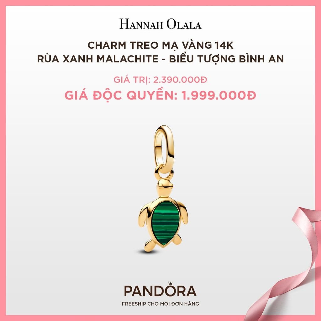 A86_DEAL 79: CHARM PANDORA TREO MẠ VÀNG 14K RÙA XANH MALACHITE - BIỂU TƯỢNG BÌNH AN