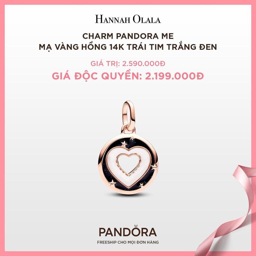 A96_DEAL 89: CHARM PANDORA ME MẠ VÀNG HỒNG 14K TRÁI TIM TRẮNG ĐEN