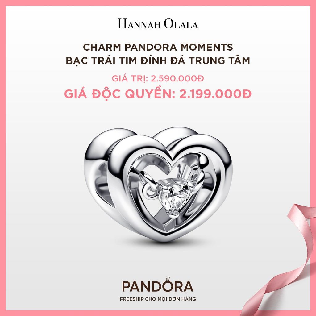 A37_DEAL 30: CHARM PANDORA MOMENTS BẠC TRÁI TIM ĐÍNH ĐÁ TRUNG TÂM
