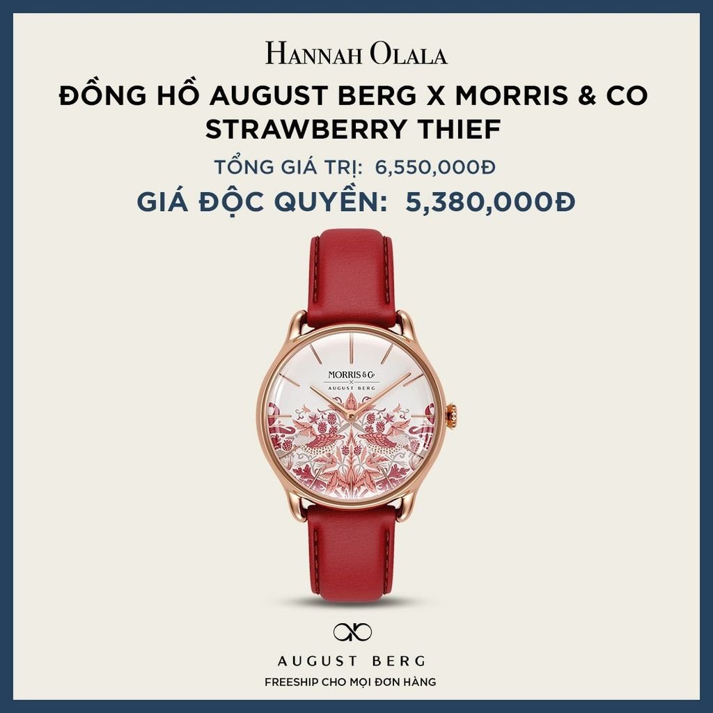 A7_DEAL 167: ĐỒNG HỒ ĐAN MẠCH AUGUST BERG X MORRIS & CO - STRAWBERRY THIEF - MÀU HỒNG