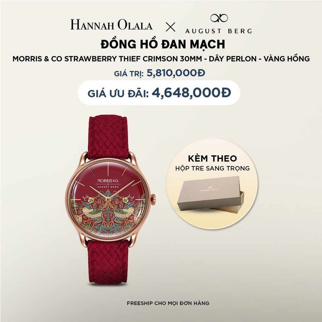 DEAL 7: ĐỒNG HỒ ĐAN MẠCH AUGUST BERG X MORRIS & CO - MẶT STRAWBERRY THIEF CRIMSON 30MM, DÂY PERLON