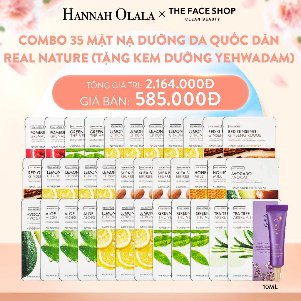 A876_DEAL 1: COMBO 35 MẶT NẠ DƯỠNG DA QUỐC DÂN REAL NATURE (TẶNG KEM DƯỠNG TRẺ HÓA DA YEHWADAM)