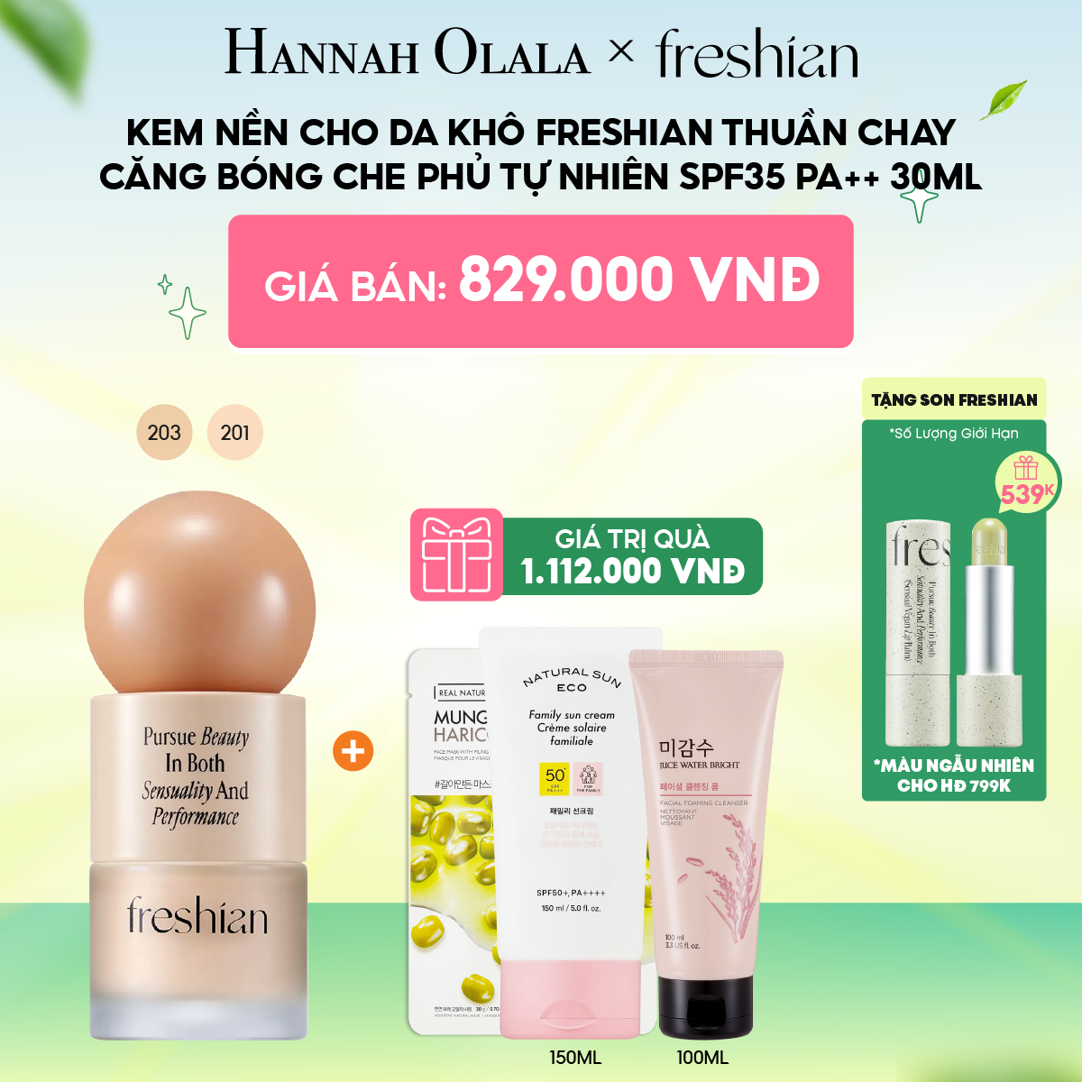 C95_DEAL 3: KEM NỀN CHO DA KHÔ FRESHIAN THUẦN CHAY CĂNG BÓNG CHE PHỦ TỰ NHIÊN SPF35 PA++ 30ML