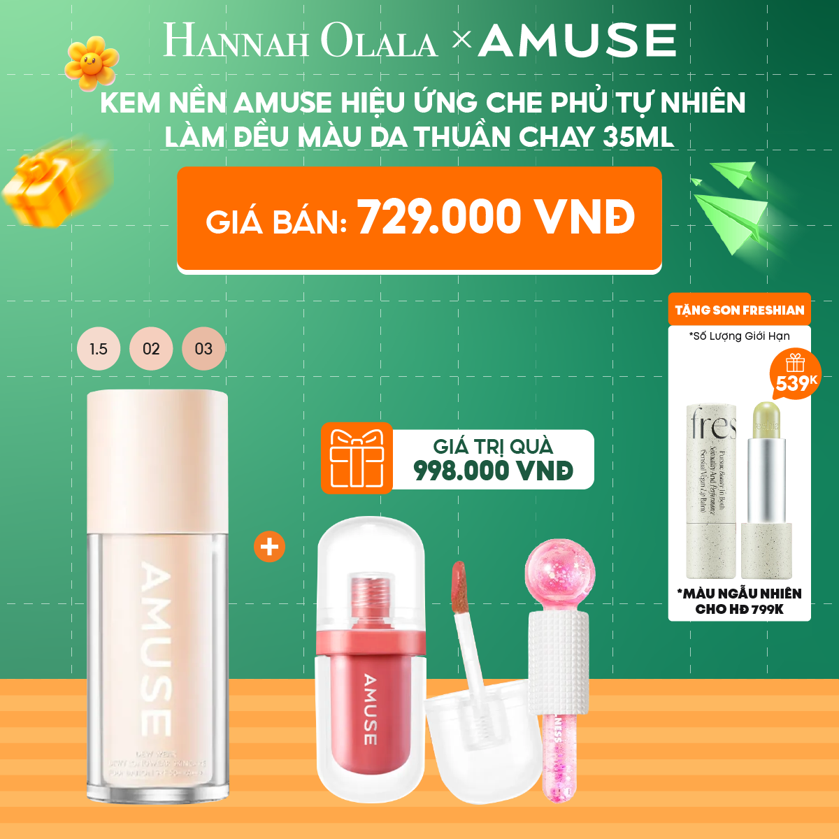 C25_DEAL 4: KEM NỀN AMUSE HIỆU ỨNG CHE PHỦ TỰ NHIÊN LÀM ĐỀU MÀU DA THUẦN CHAY 35ML