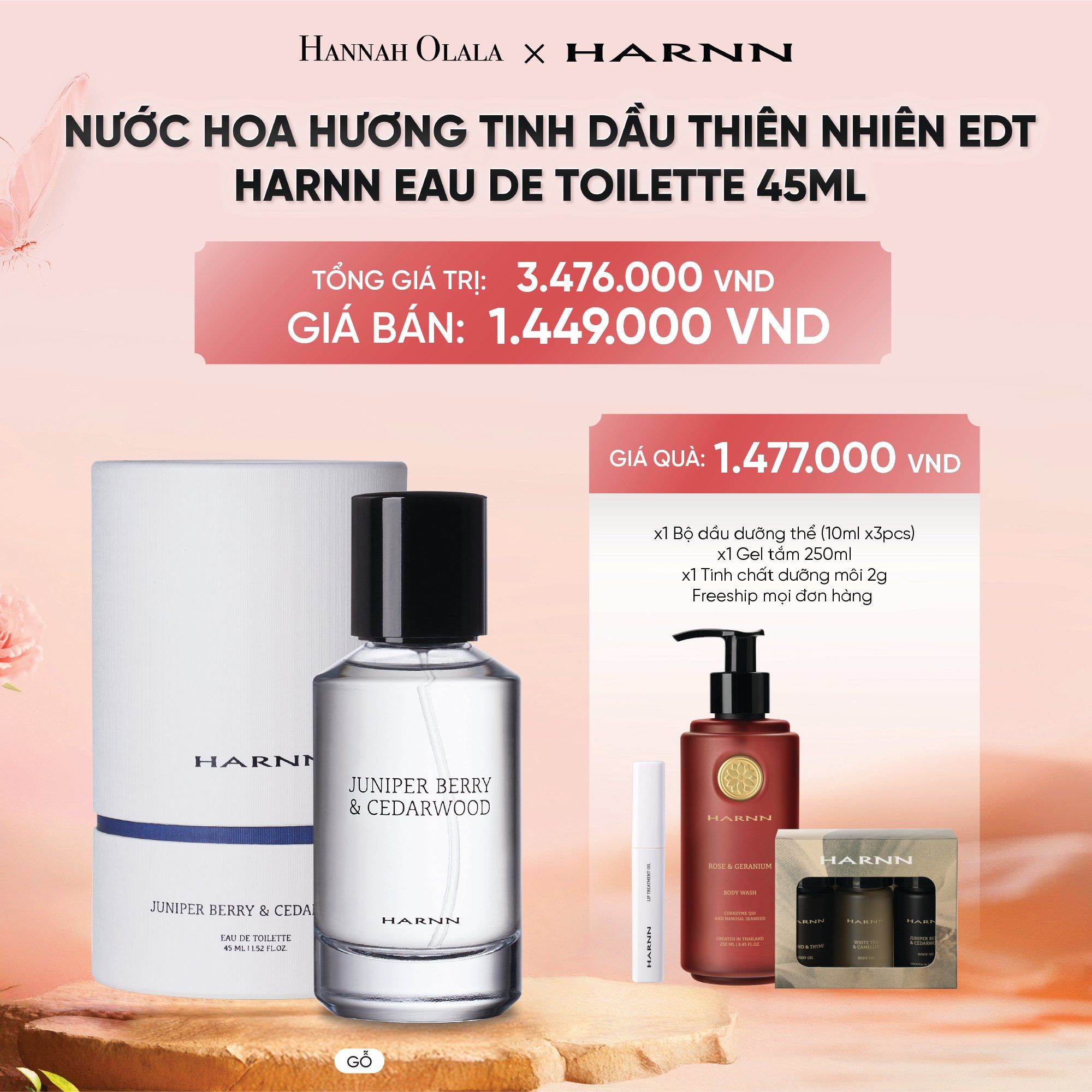 DEAL 16: NƯỚC HOA HƯƠNG TINH DẦU THIÊN NHIÊN EDT - HARNN EAU DE TOILETTE 45ML