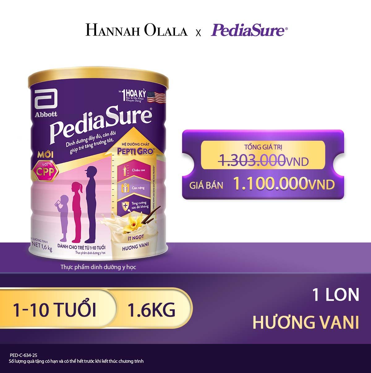 E80_DEAL 6: 1 LON PEDIASURE DẠNG BỘT HƯƠNG VANI 1.6KG