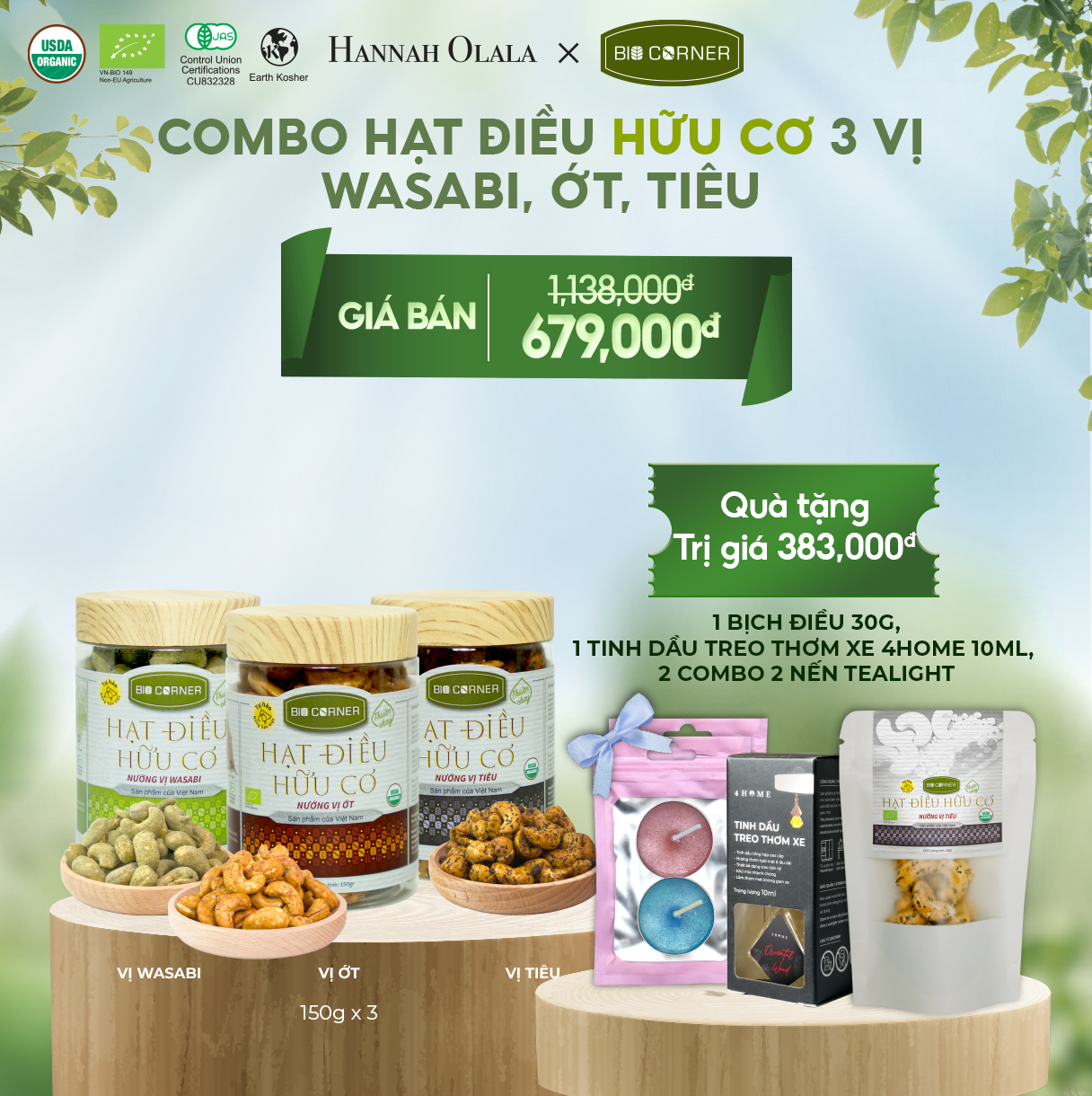T2_DEAL 2: COMBO HẠT ĐIỀU HỮU CƠ 3 VỊ - WASABI, ỚT, TIÊU