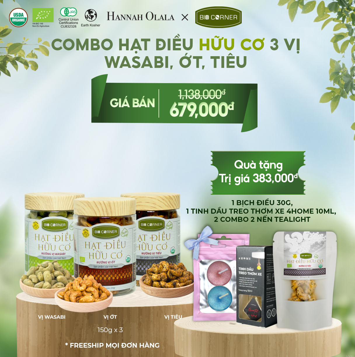 E5_DEAL 2: COMBO HẠT ĐIỀU HỮU CƠ 3 VỊ - WASABI, ỚT, TIÊU