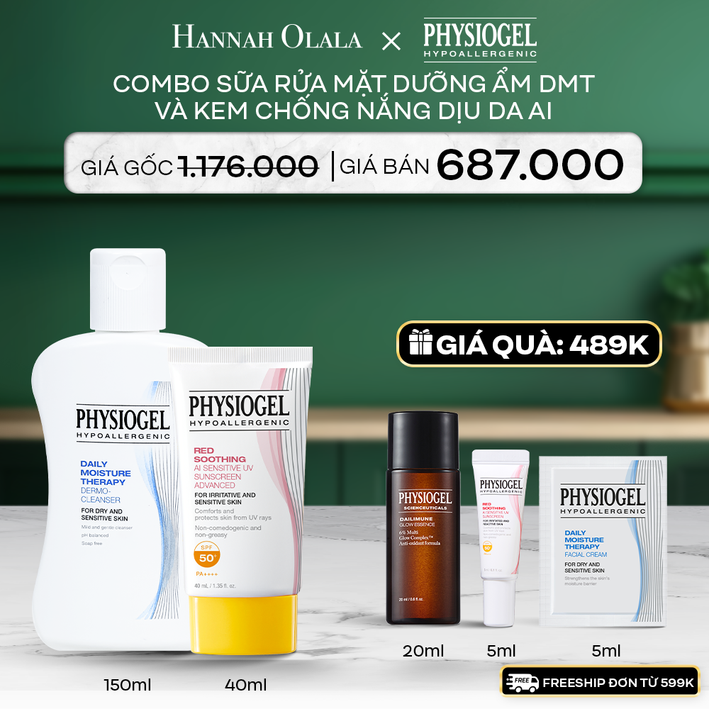 A74_DEAL 11: BỘ ĐÔI LÀM SẠCH VÀ CHỐNG NẮNG PHYSIOGEL: SỮA RỬA MẶT 150ML VÀ KEM CHỐNG NẮNG DƯỠNG ẨM VÀ LÀM DỊU DA PHYSIOGEL RED SOOTHING AI 40ml