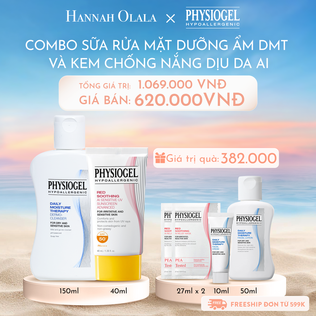 C828_DEAL 11: BỘ ĐÔI LÀM SẠCH VÀ CHỐNG NẮNG PHYSIOGEL: SỮA RỬA MẶT 150ML VÀ KEM CHỐNG NẮNG DƯỠNG ẨM VÀ LÀM DỊU DA PHYSIOGEL RED SOOTHING AI 40ml