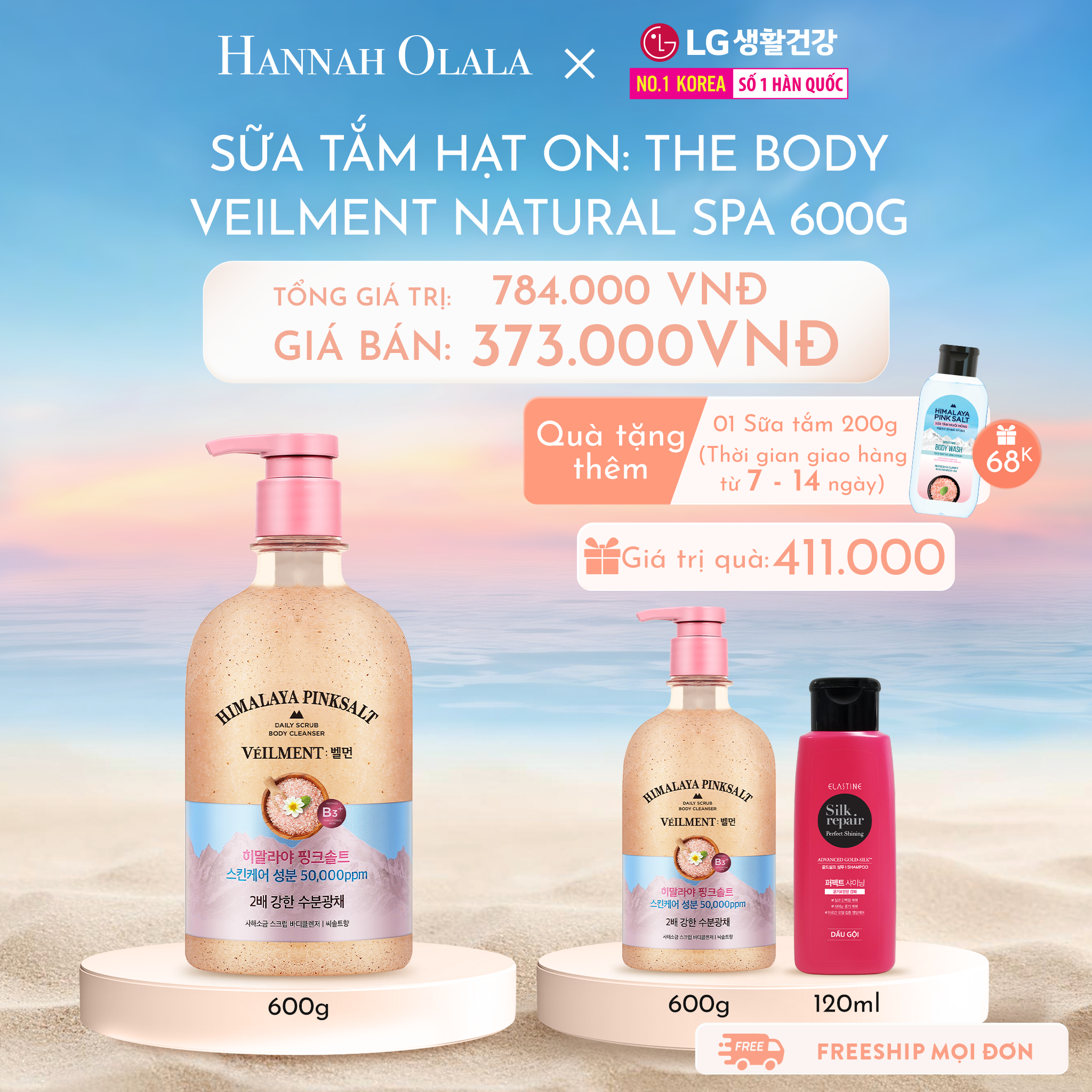 C614_DEAL 15: SỮA TẮM HẠT ON: THE BODY VEILMENT NATURAL SPA HIMALAYA PINK SALT 600G