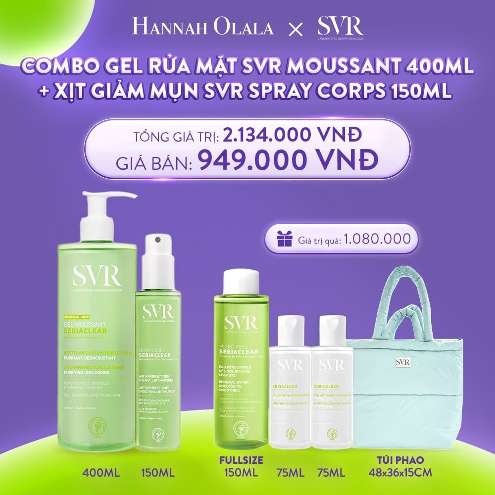 C9_DEAL 02: COMBO 1 GEL RỬA MẶT KHÔNG CÓ XÀ PHÒNG SVR SEBIACLEAR GEL MOUSSANT 400ML VÀ 1 XỊT DƯỠNG DA GIẢM MỤN SVR SEBIACLEAR SPRAY CORPS 150ML