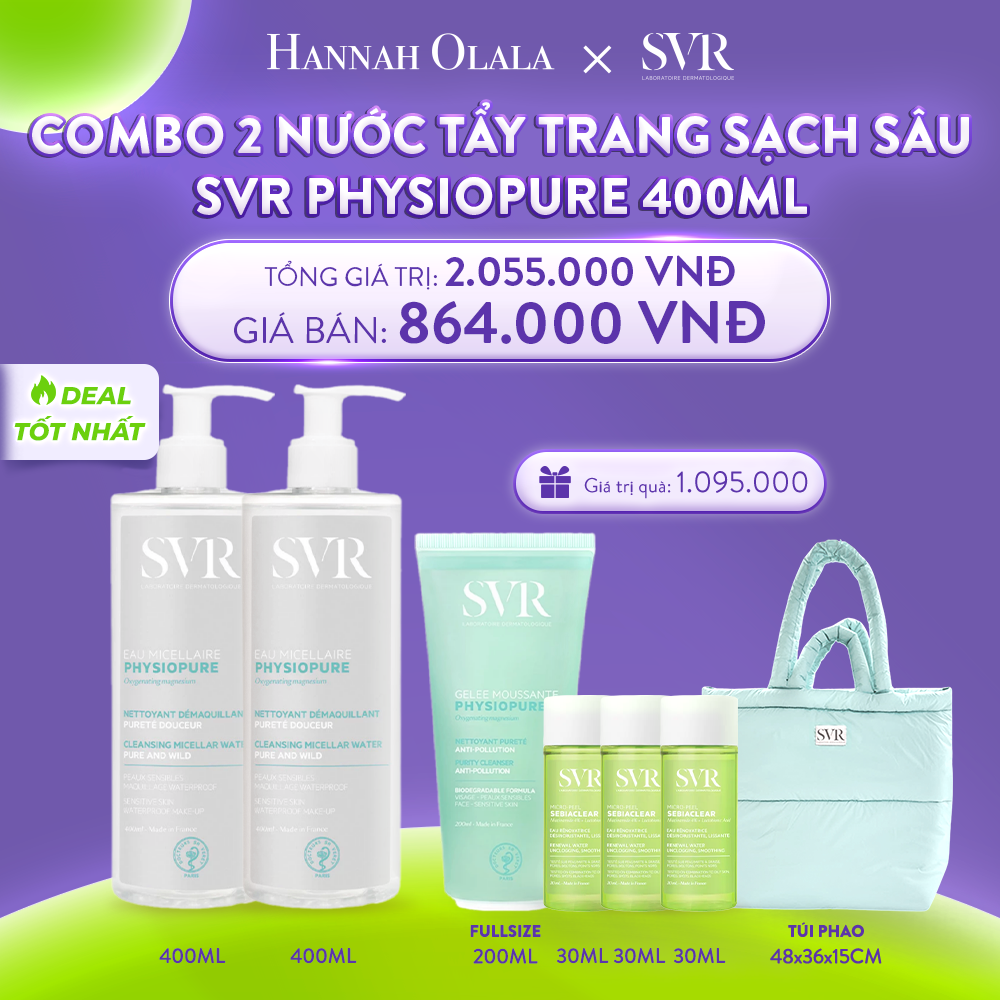 C14_DEAL 07: COMBO 2 NƯỚC TẨY TRANG GIÚP LÀM SẠCH DA MẶT DÙNG ĐƯỢC CHO CẢ MẮT VÀ MÔI SVR PHYSIOPURE EAU MICELLAIRE 400ML