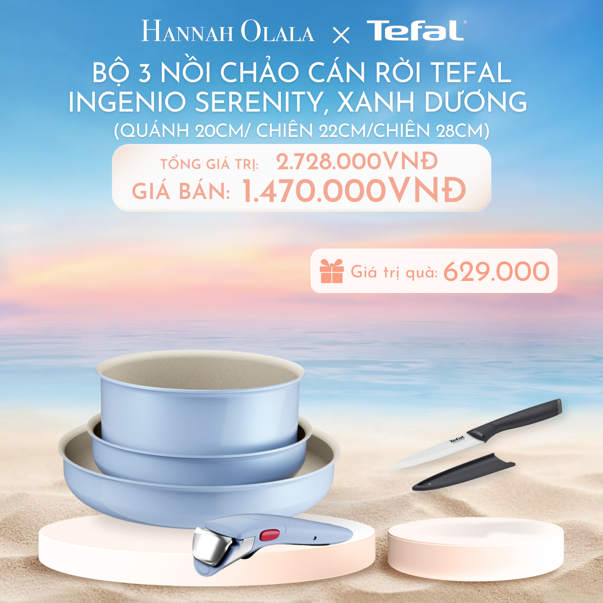 C1019_DEAL 10.2: BỘ 3 NỒI CHẢO CÁN RỜI TEFAL INGENIO SERENITY L827S404, QUÁNH 20CM/ CHIÊN 22CM/ CHIÊN 28CM