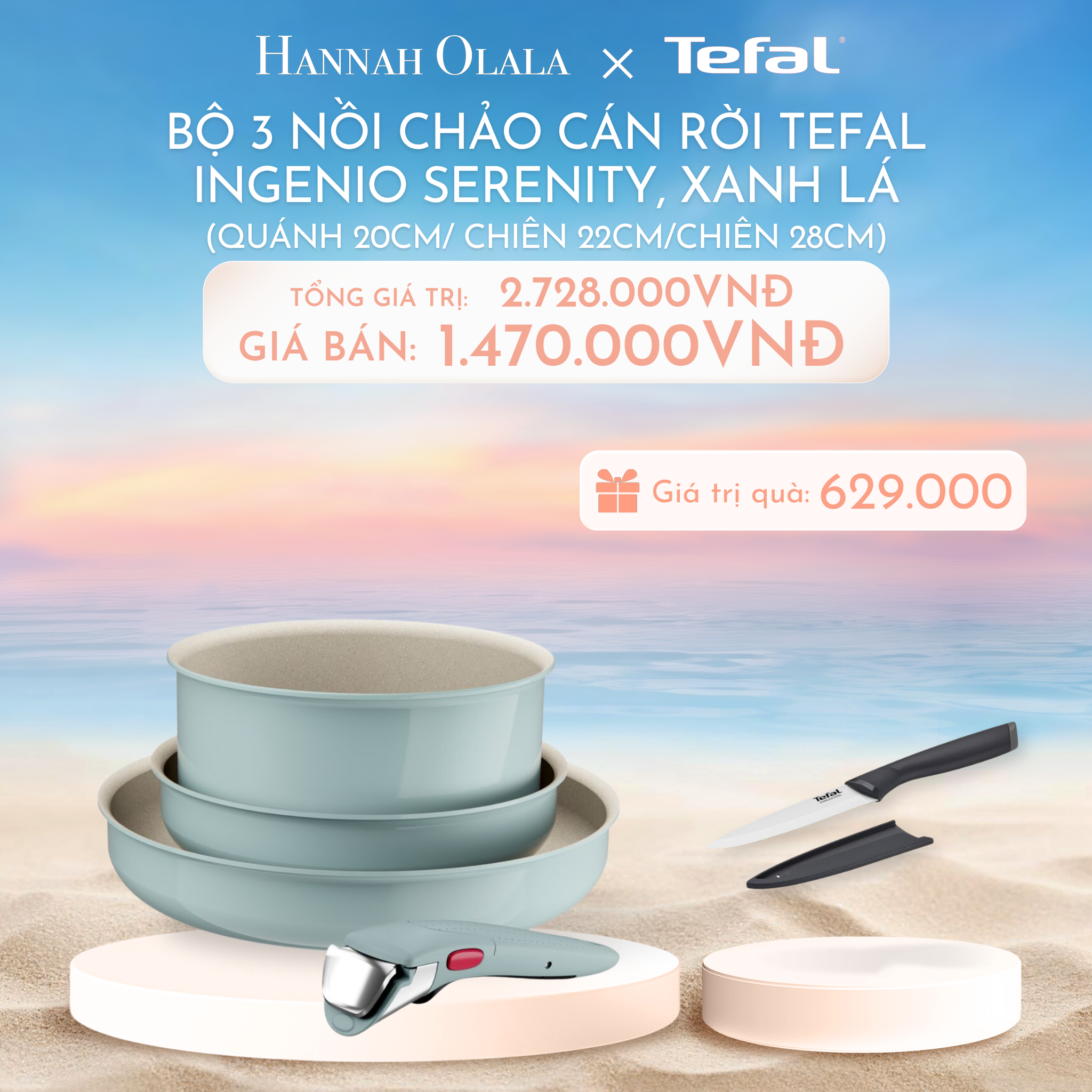 C1019_DEAL 10.2: BỘ 3 NỒI CHẢO CÁN RỜI TEFAL INGENIO SERENITY L827S404, QUÁNH 20CM/ CHIÊN 22CM/ CHIÊN 28CM