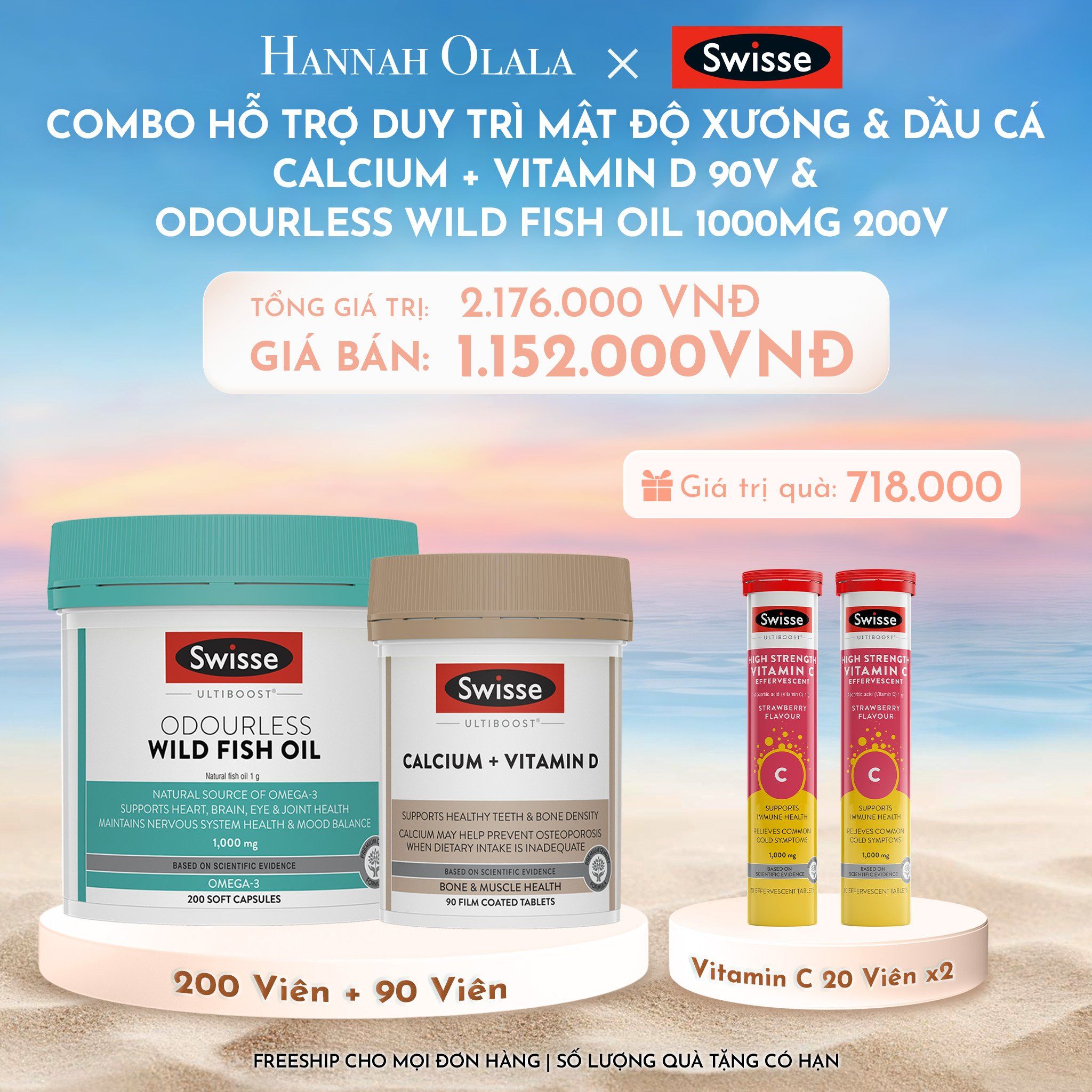 C896_DEAL 10: COMBO HỖ TRỢ DUY TRÌ MẬT ĐỘ XƯƠNG SWISSE CALCIUM + VITAMIN D & DẦU CÁ SWISSE ODOURLESS WILD FISH OIL 1000MG 200V