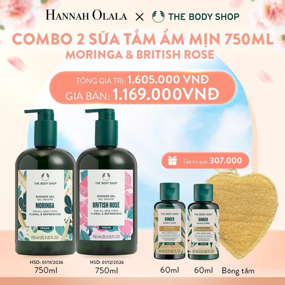 A860_DEAL 10: COMBO 2 SỮA TẮM ẨM MỊN NGÁT HƯƠNG HOA SHOWER GEL 750ML – MORINGA & BRITISH ROSE