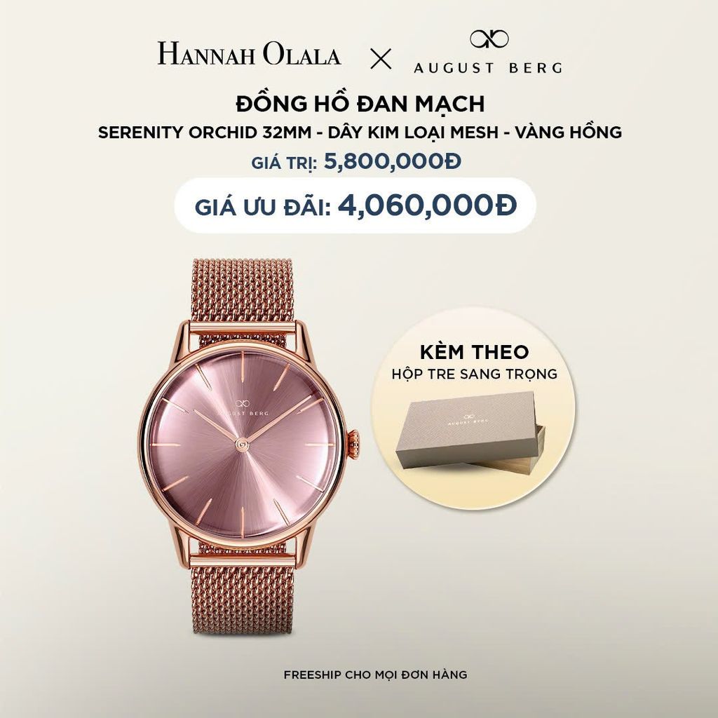 DEAL 12: ĐỒNG HỒ ĐAN MẠCH AUGUST BERG SERENITY - MẶT ORCHID 32MM, DÂY MESH
