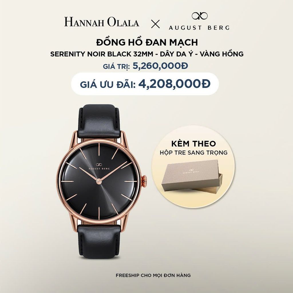 DEAL 13: ĐỒNG HỒ ĐAN MẠCH AUGUST BERG SERENITY - MẶT NOIR BLACK 32MM, DÂY DA Ý