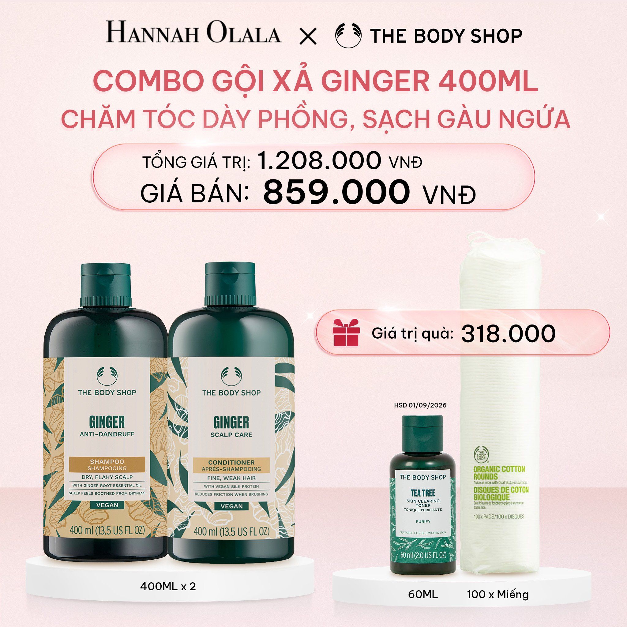 E380_DEAL 1: COMBO CHĂM TÓC DÀY PHỒNG, GIẢM GÃY RỤNG, SẠCH GÀU NGỨA GINGER 400ML - DẦU GỘI & DẦU XẢ