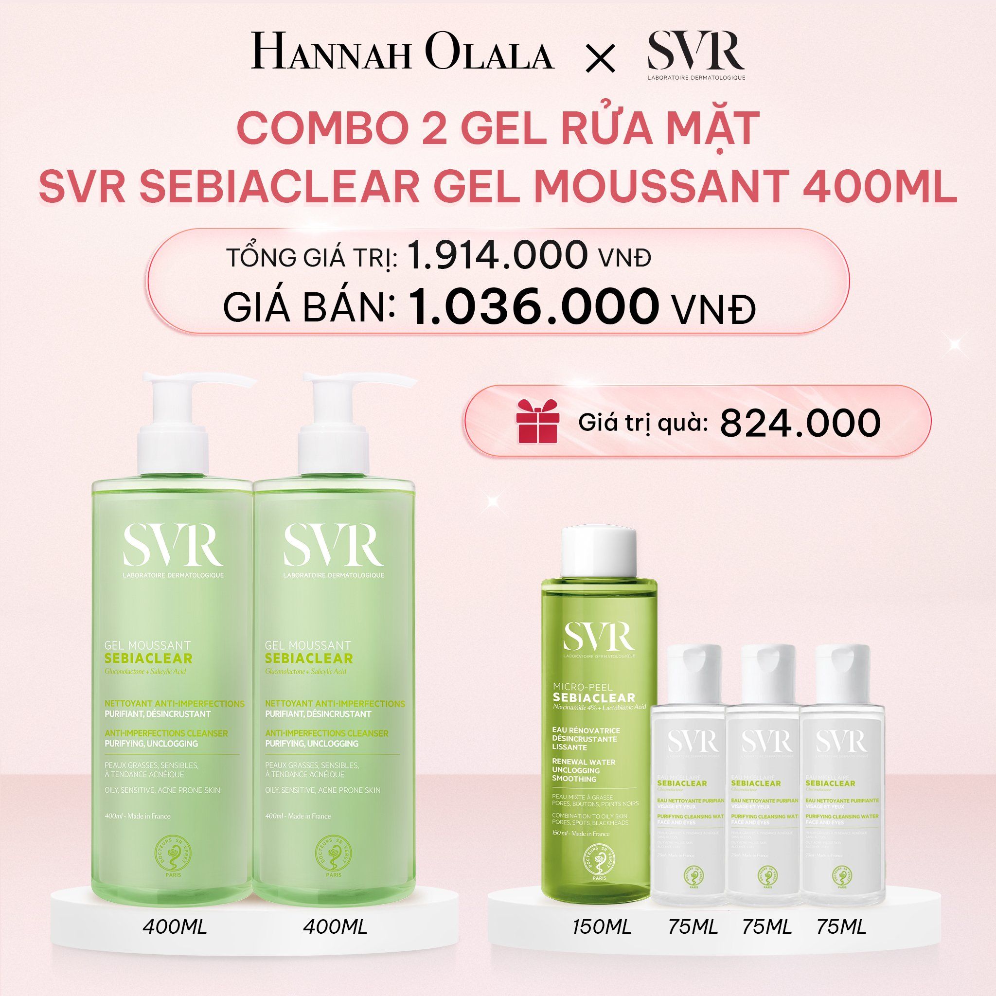 E890_DEAL 01: COMBO 2 GEL RỬA MẶT CHO DA DẦU MỤN, KHÔNG CHỨA XÀ PHÒNG SVR SEBIACLEAR GEL MOUSSANT 400ML