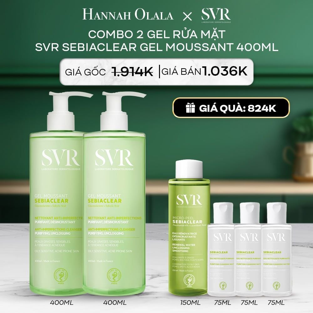 A90_DEAL 01: COMBO 2 GEL RỬA MẶT CHO DA DẦU MỤN, KHÔNG CHỨA XÀ PHÒNG SVR SEBIACLEAR GEL MOUSSANT 400ML