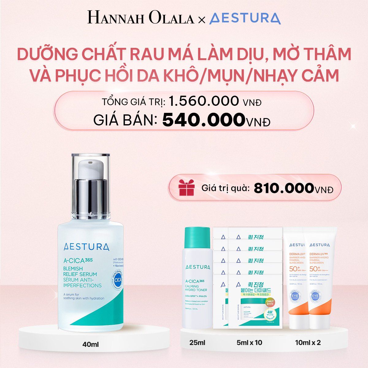 E841_DEAL 2: DƯỠNG CHẤT RAU MÁ LÀM DỊU, MỜ THÂM VÀ PHỤC HỒI DA KHÔ/MỤN/NHẠY CẢM AESTURA A-CICA365 BLEMISH RELIEF SERUM 40ML