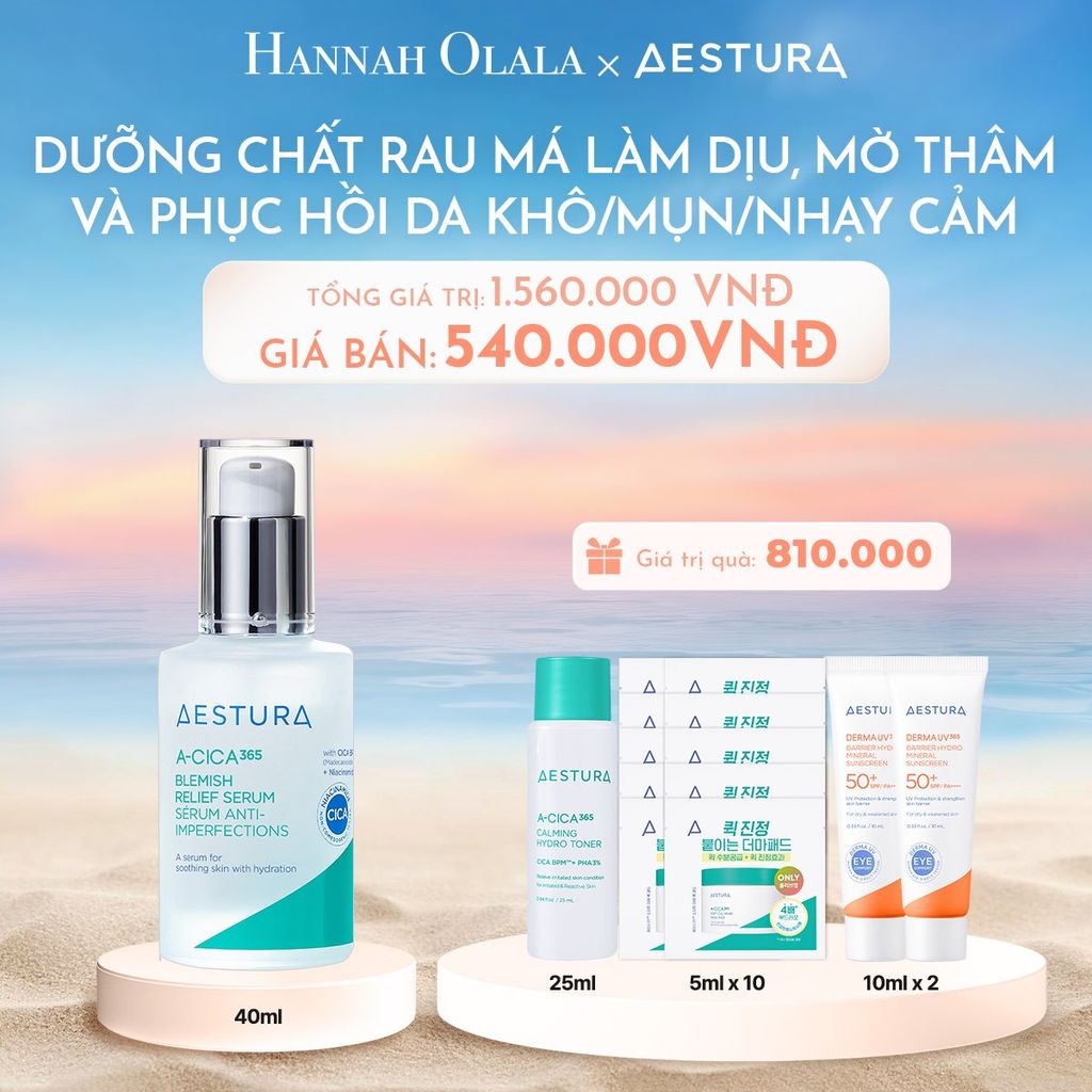 C893_DEAL 2: DƯỠNG CHẤT RAU MÁ LÀM DỊU, MỜ THÂM VÀ PHỤC HỒI DA KHÔ/MỤN/NHẠY CẢM AESTURA A-CICA365 BLEMISH RELIEF SERUM 40ML