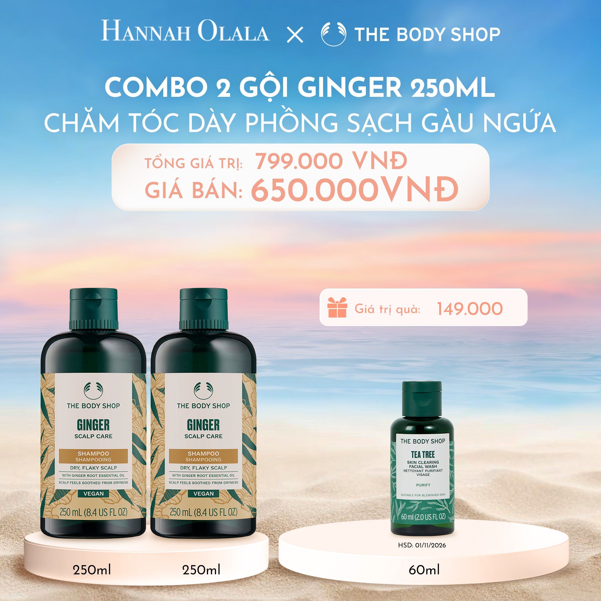 C709_DEAL 2: COMBO CHĂM TÓC DÀY PHỒNG, GIẢM GÃY RỤNG, SẠCH GÀU NGỨA GINGER 250ML - 2X DẦU GỘI