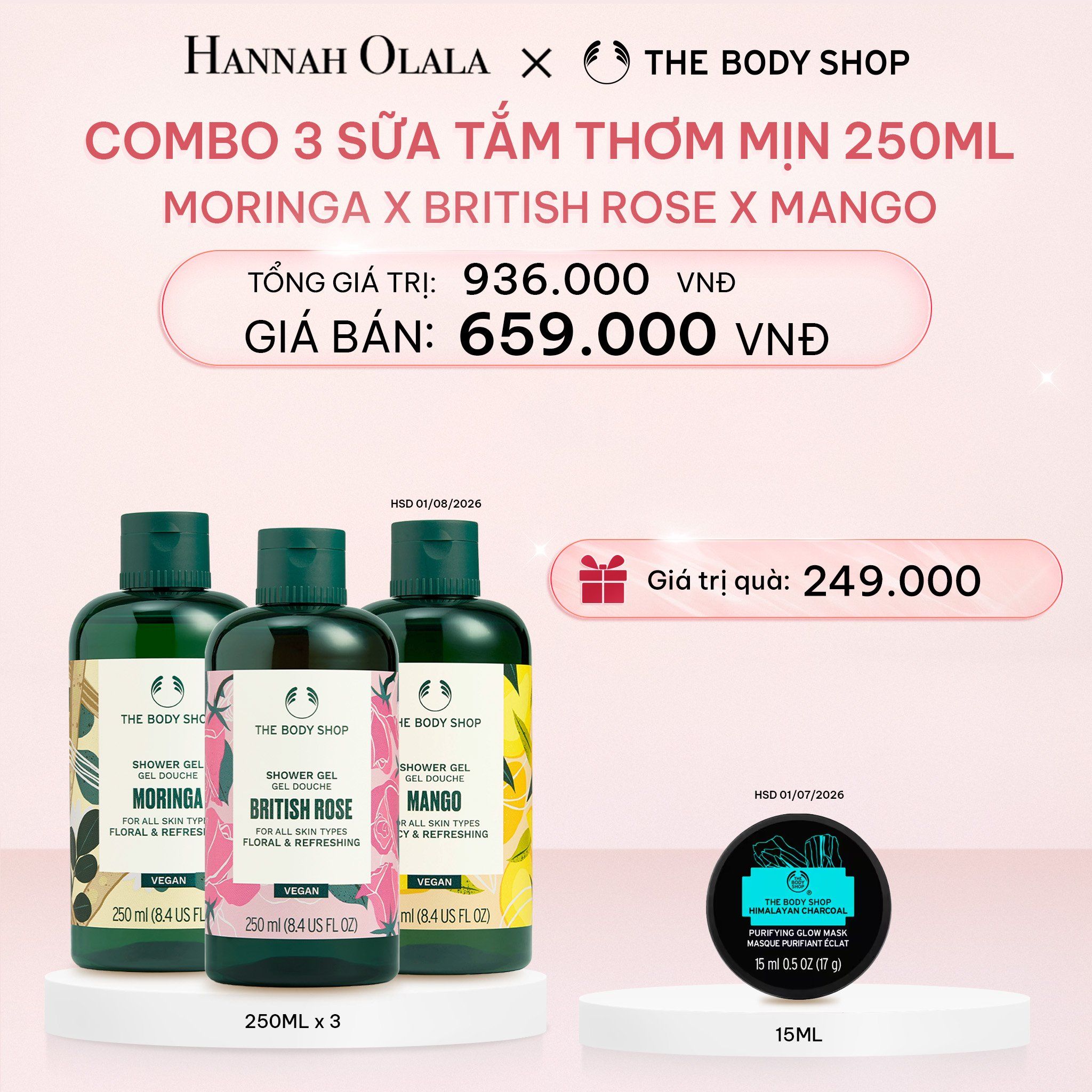 E382_DEAL 3: COMBO 3 SỮA TẮM THIÊN NHIÊN DƯỠNG ẨM 250ML - MORINGA & BRITISH ROSE & OLIVE
