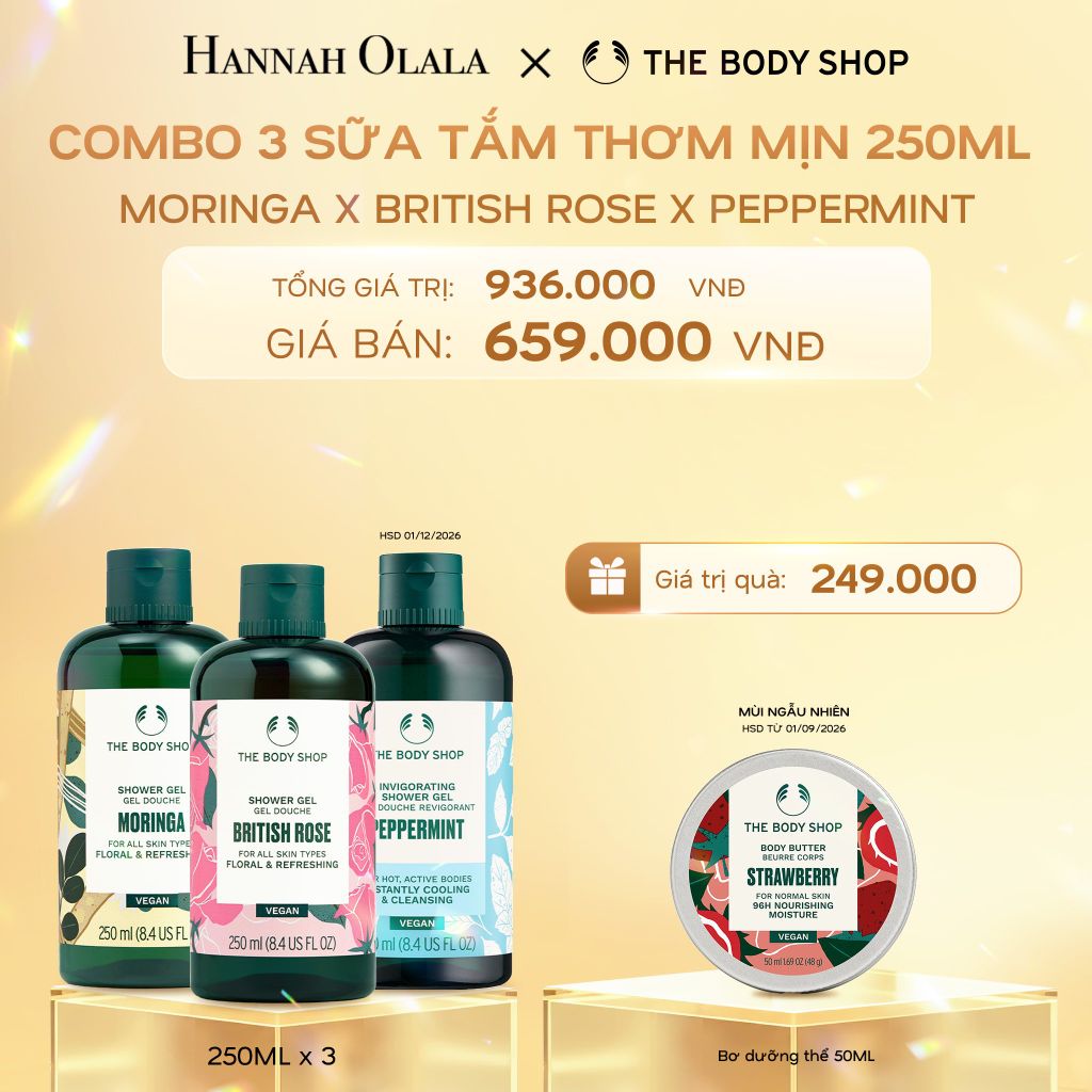 DEAL 3: COMBO 3 SỮA TẮM THIÊN NHIÊN DƯỠNG ẨM 250ML - MORINGA & BRITISH ROSE & PEPPERMINT